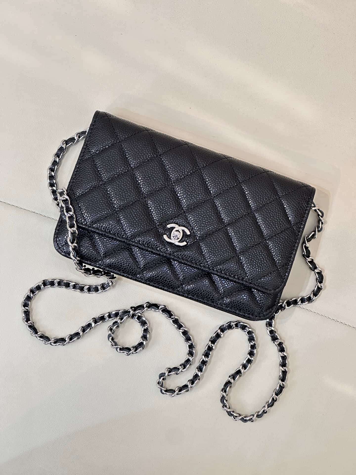 Chanel Classic Wallet on Chain Grained Shiny Calfskin & Silver-Tone Metal AP4241 Black TOP