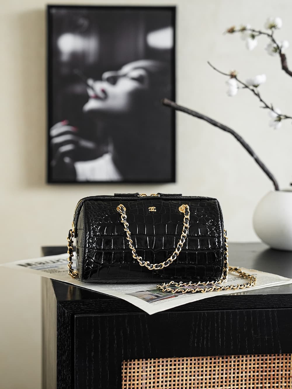 Chanel Mini Timeless Classic Barrel Bag crocodile-embossed calfskin& Gold-Tone Metal Black AP5390 A