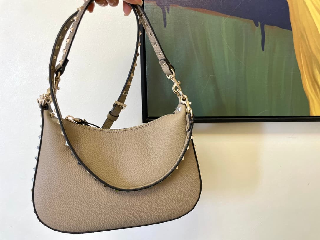 Valentino Garavani Rockstud Hobo bag in grainy beige calfskin high