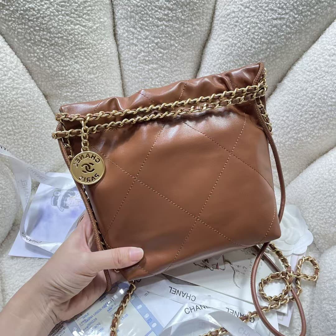 Chanel 22 MINI HANDBAG Shiny Calfskin Tan & Gold-Tone Metal AS3980 A