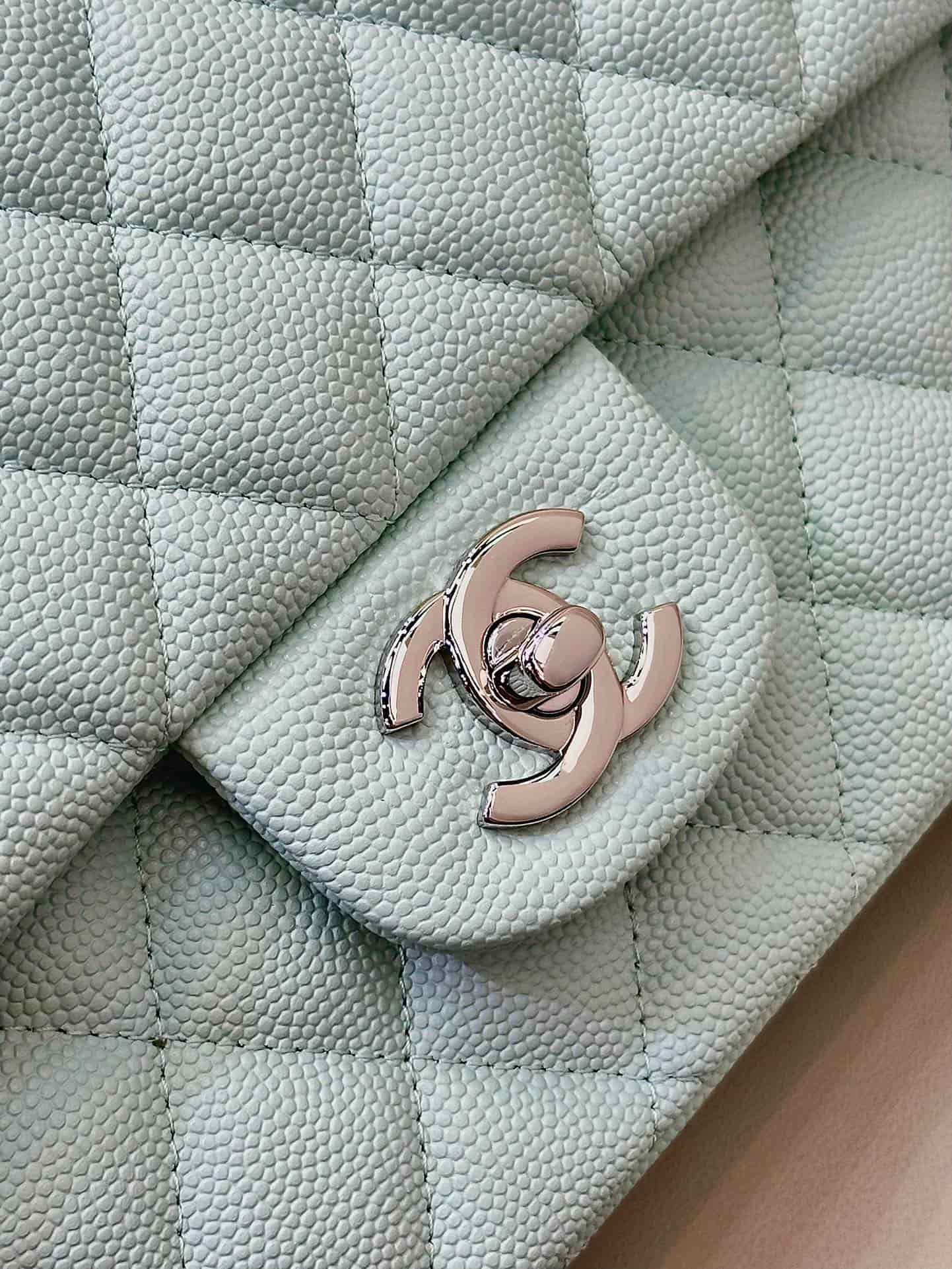 Chanel Medium CLASSIC HANDBAG Grained  Calfskin & Silver-Tone Metal Light Blue TOP