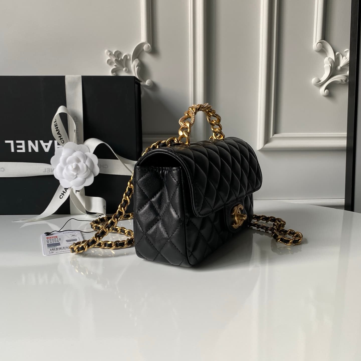 Chanel Mini Flap Bag with Top Handle Lambskin& Gold-tone Metal Black AS5813 A