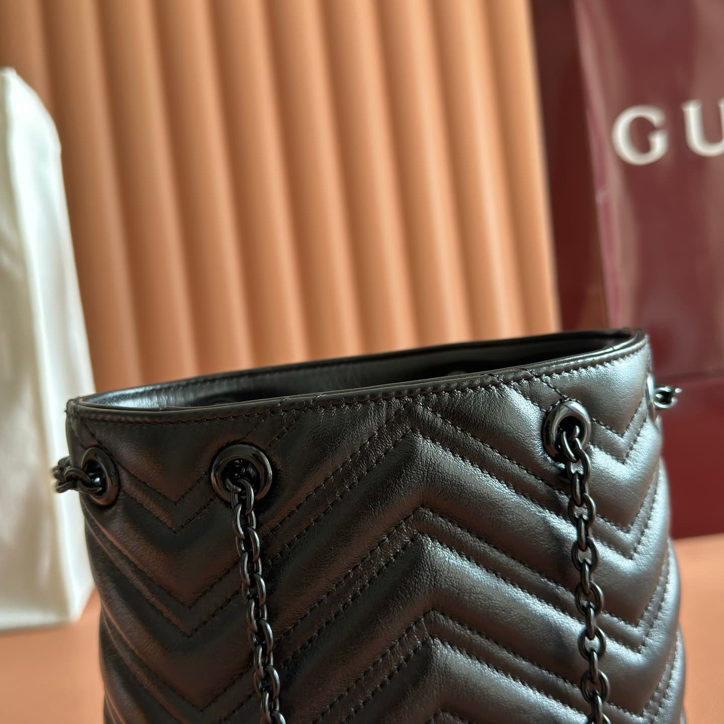 Gucci GG Marmont Nano Bucket Bag Black Matelassé Chevron Nappa Leather ‎856404 High