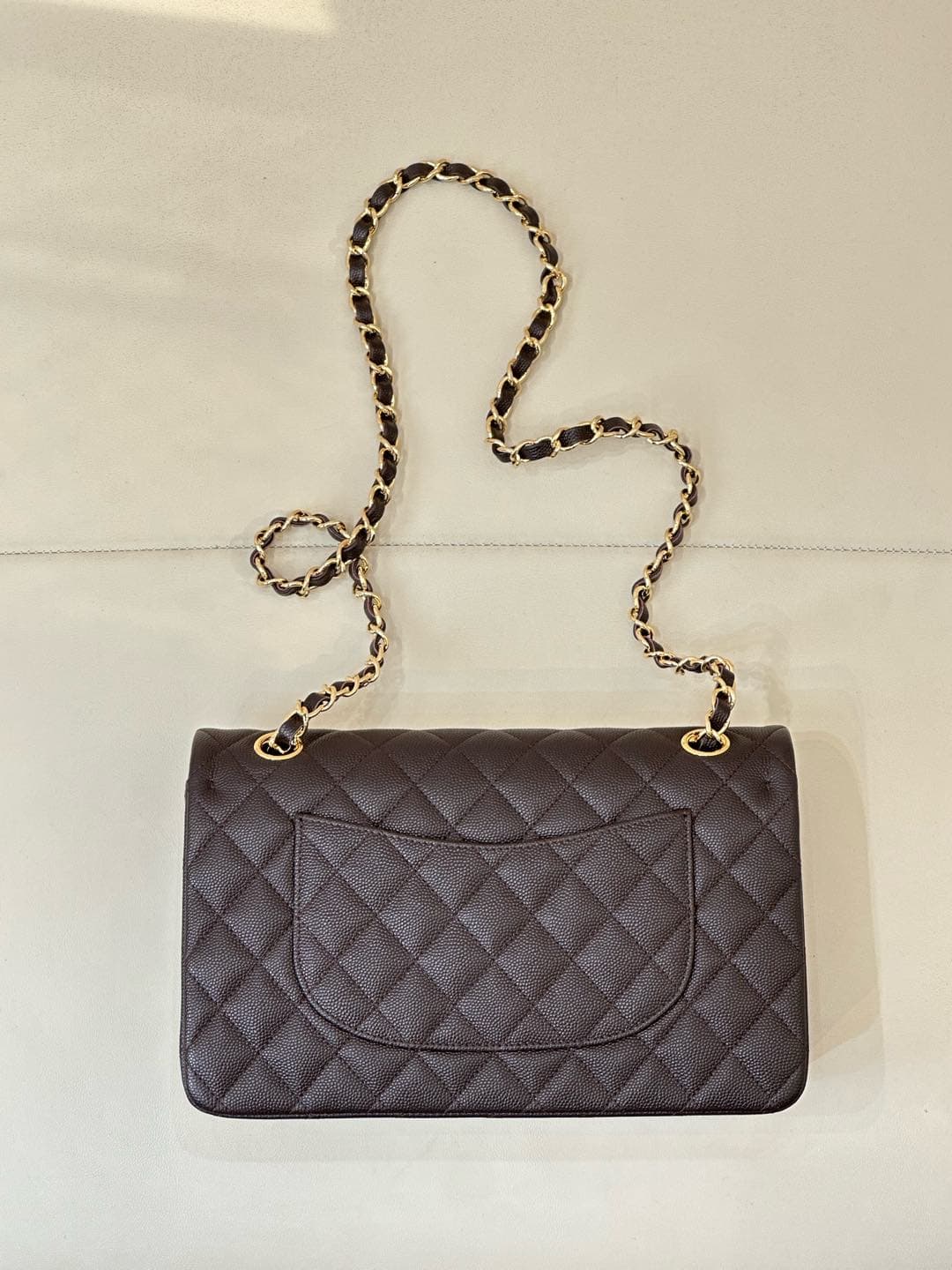 Chanel Medium CLASSIC HANDBAG Grained  Calfskin & Gold-Tone Metal Coffee TOP