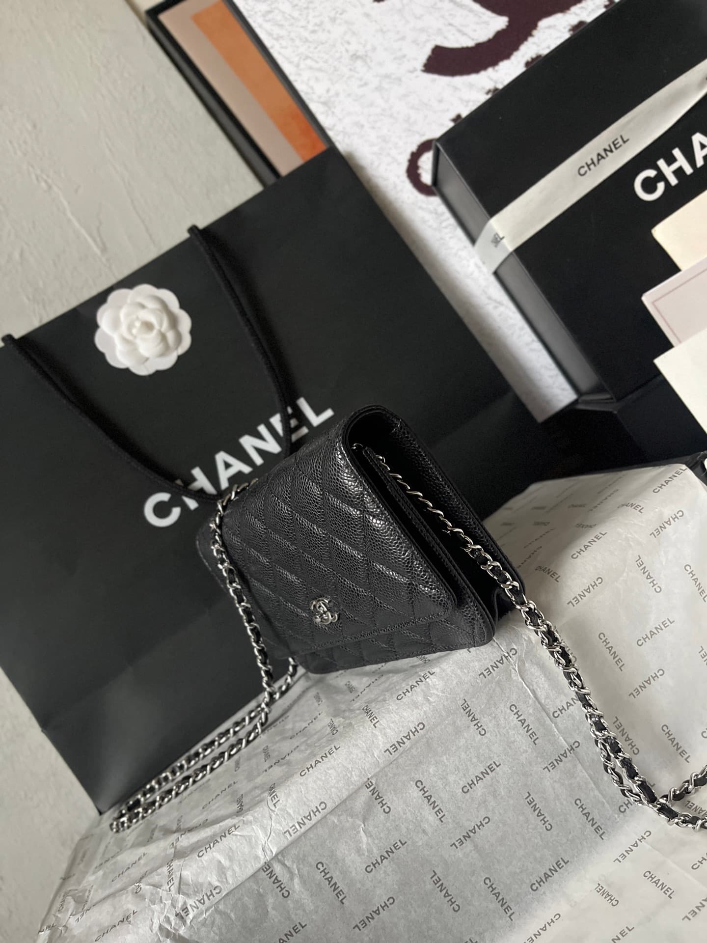 Chanel Classic Wallet on Chain Grained Shiny Calfskin & Silver-Tone Metal AP4241 Black A