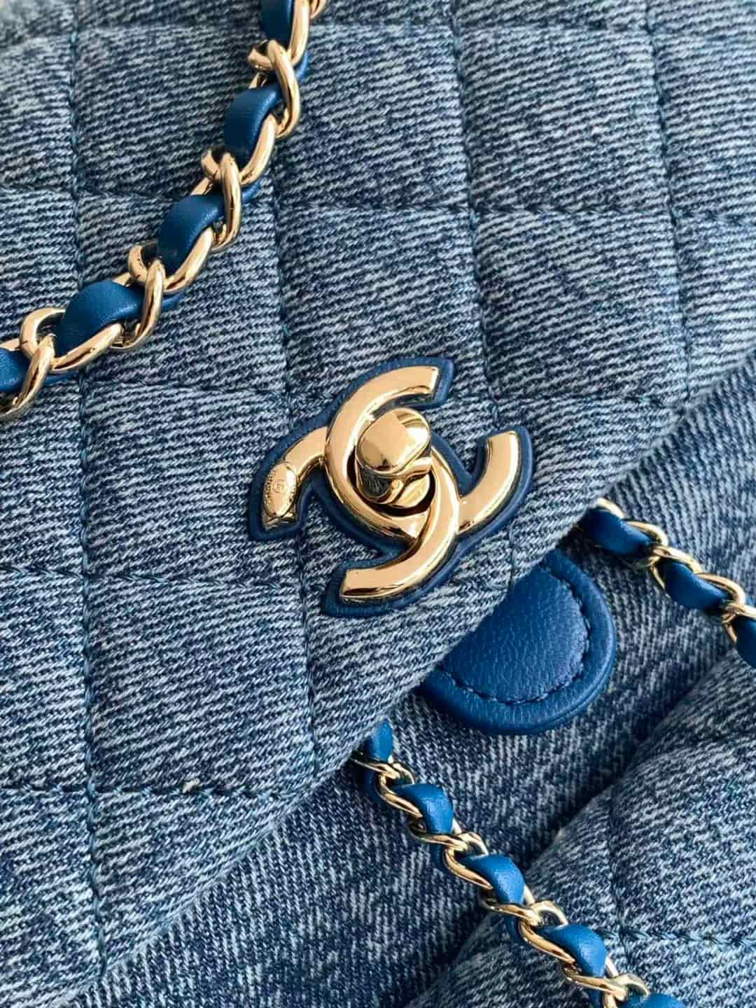 Chanel Large Backpack Washed Denim & Gold-Tone Metal Blue AS3618 A