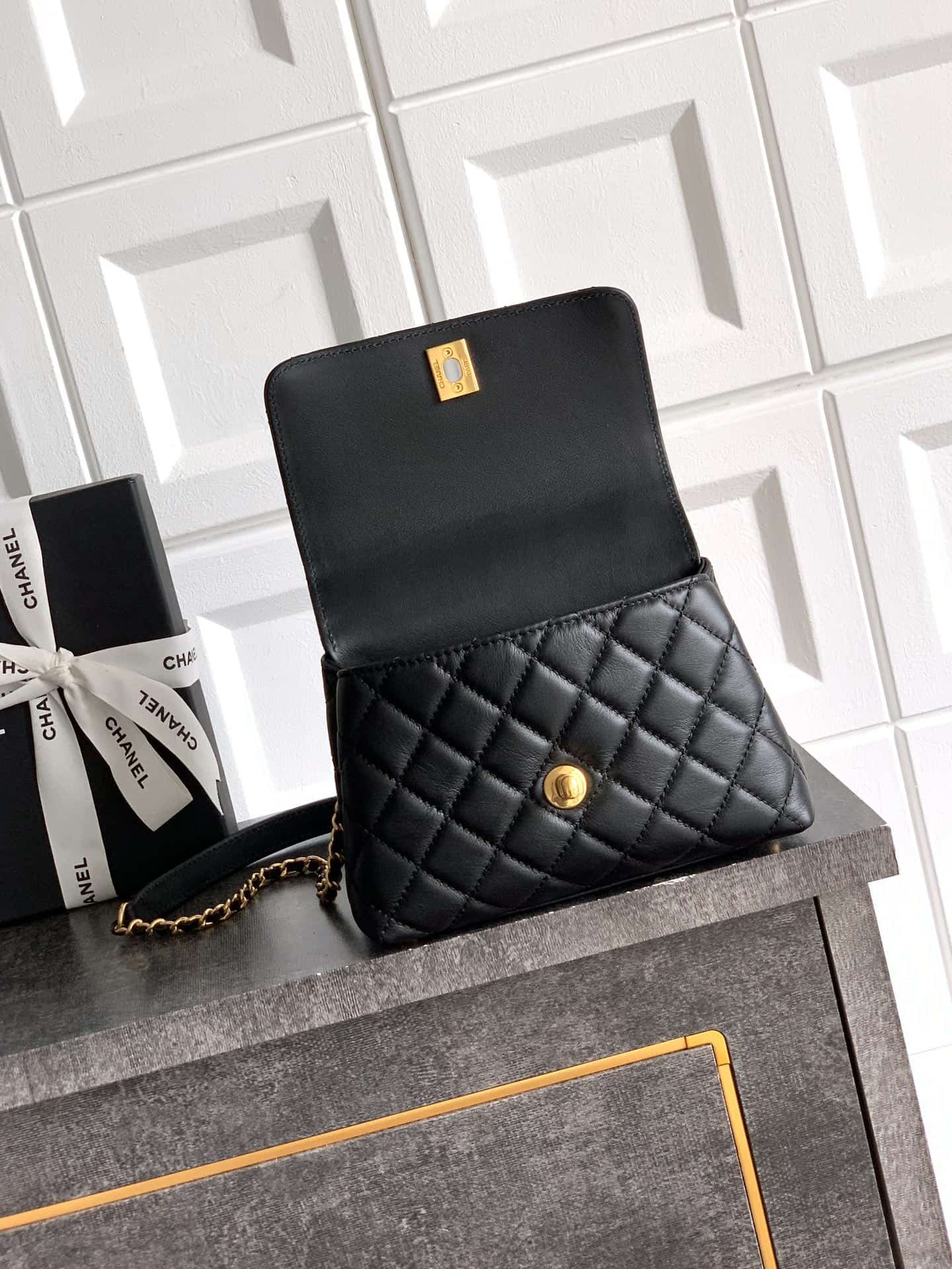 MINI FLAP BAG WITH TOP HANDLE AS2215 Calfskin, Strass & Gold-Tone Metal Black A