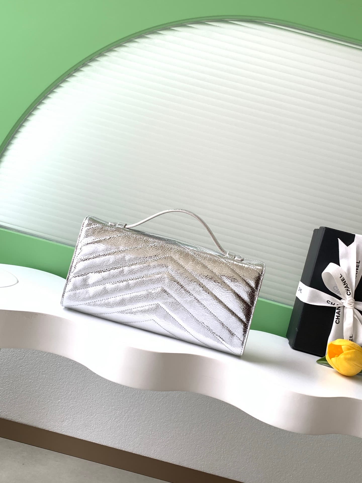 Chanel Flap Bag with Top Handle Metallic Chevron Calfskin Leather Finish& Gold-Tone Metal Silver AS6044 A
