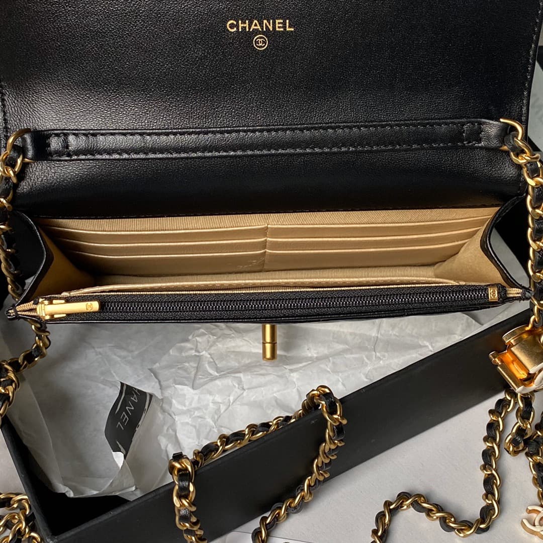 Chanel Wallet On Chain Shiny Lambskin, Enamel, Gold Tone Metal Black A