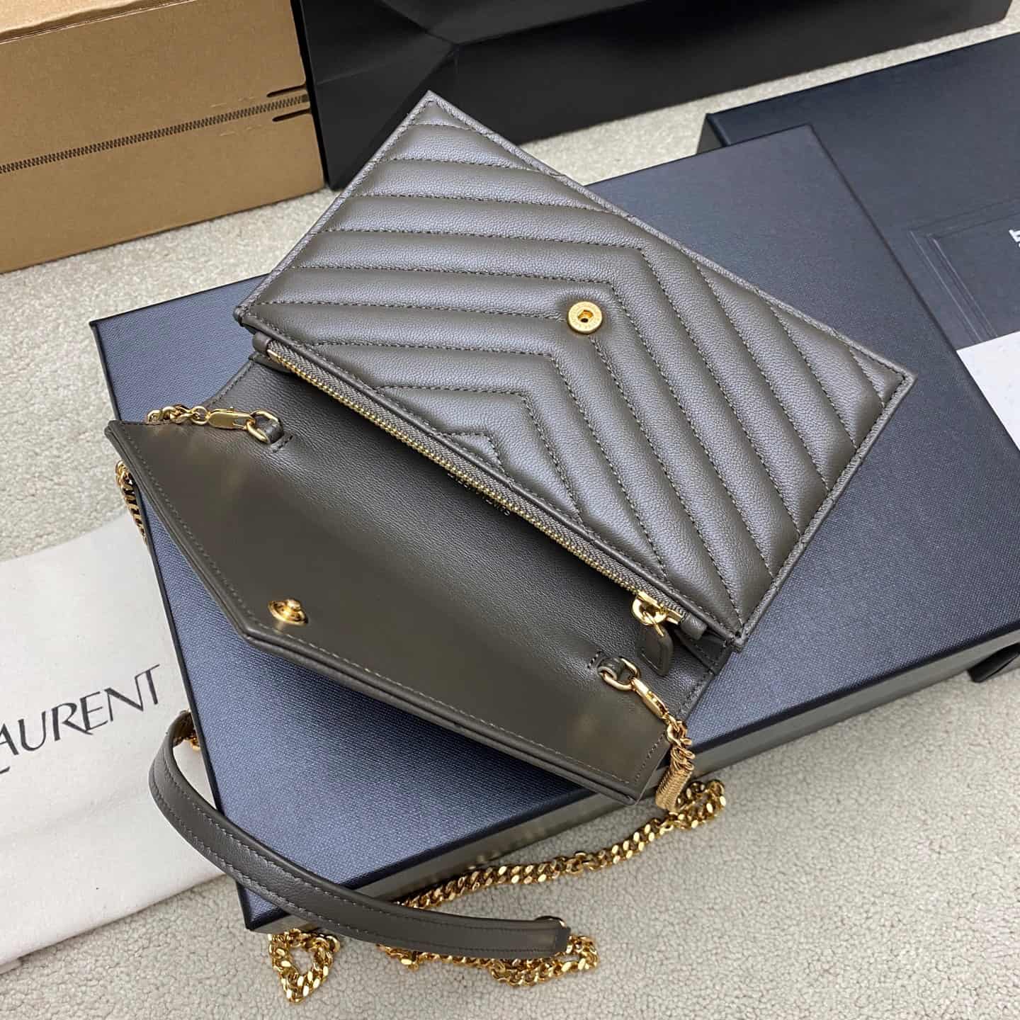 Saint Laurent Monogram Matelassé Cassandre Wallet on Chain Green Lambskin 393953 High