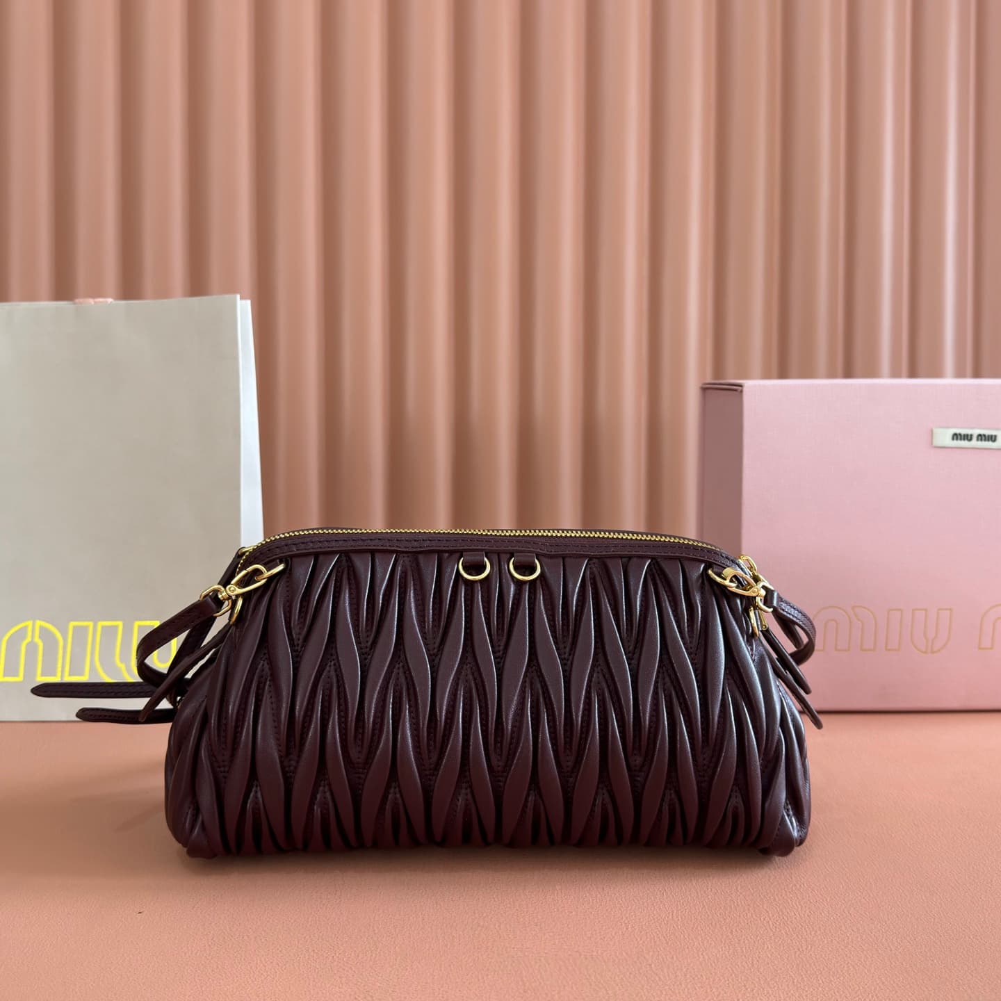 Miu Miu Caprice matelassé nappa leather clutch Burgundy TOP