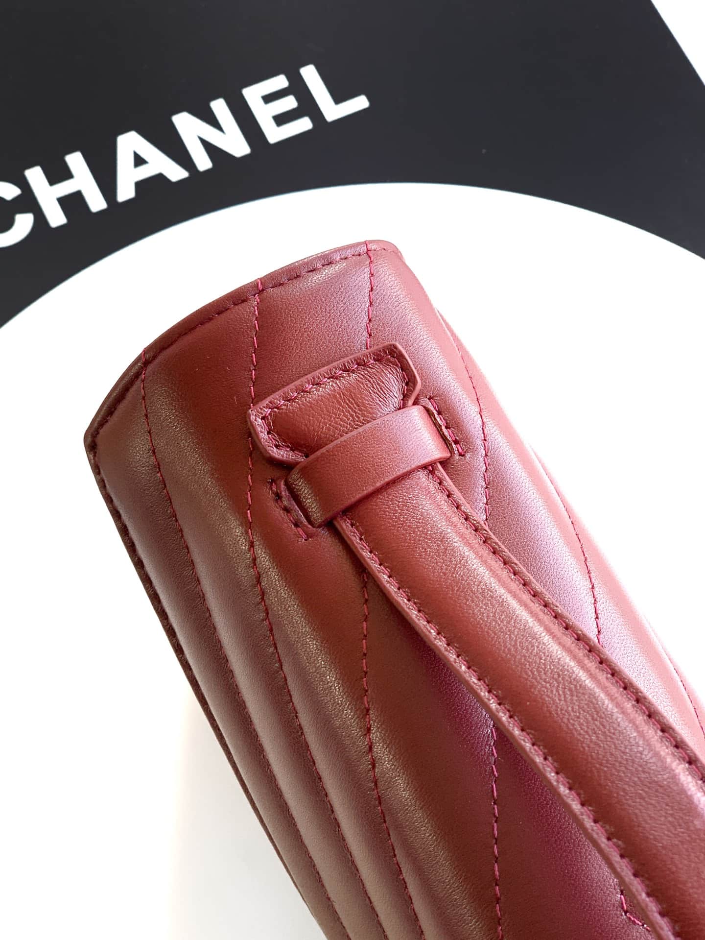 Chanel Flap Bag with Top Handle Chevron Lambskin& Gold-Tone Metal Claret AS6044 A