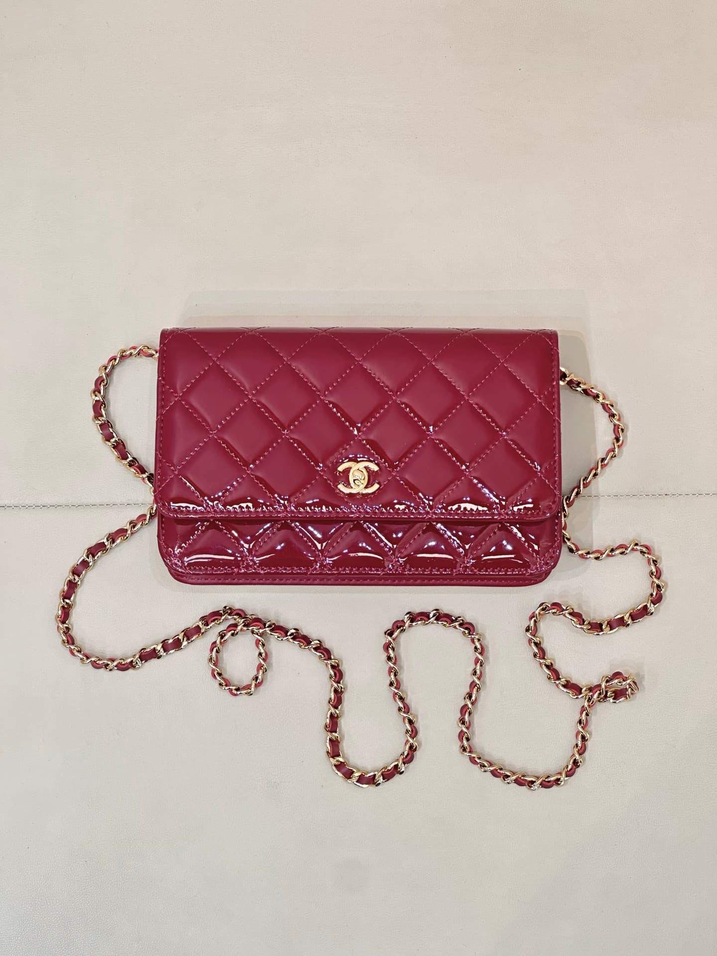 Chanel Classic Wallet on Chain Patent Quilted & Gold-Tone Metal AP4241 Burgundy TOP