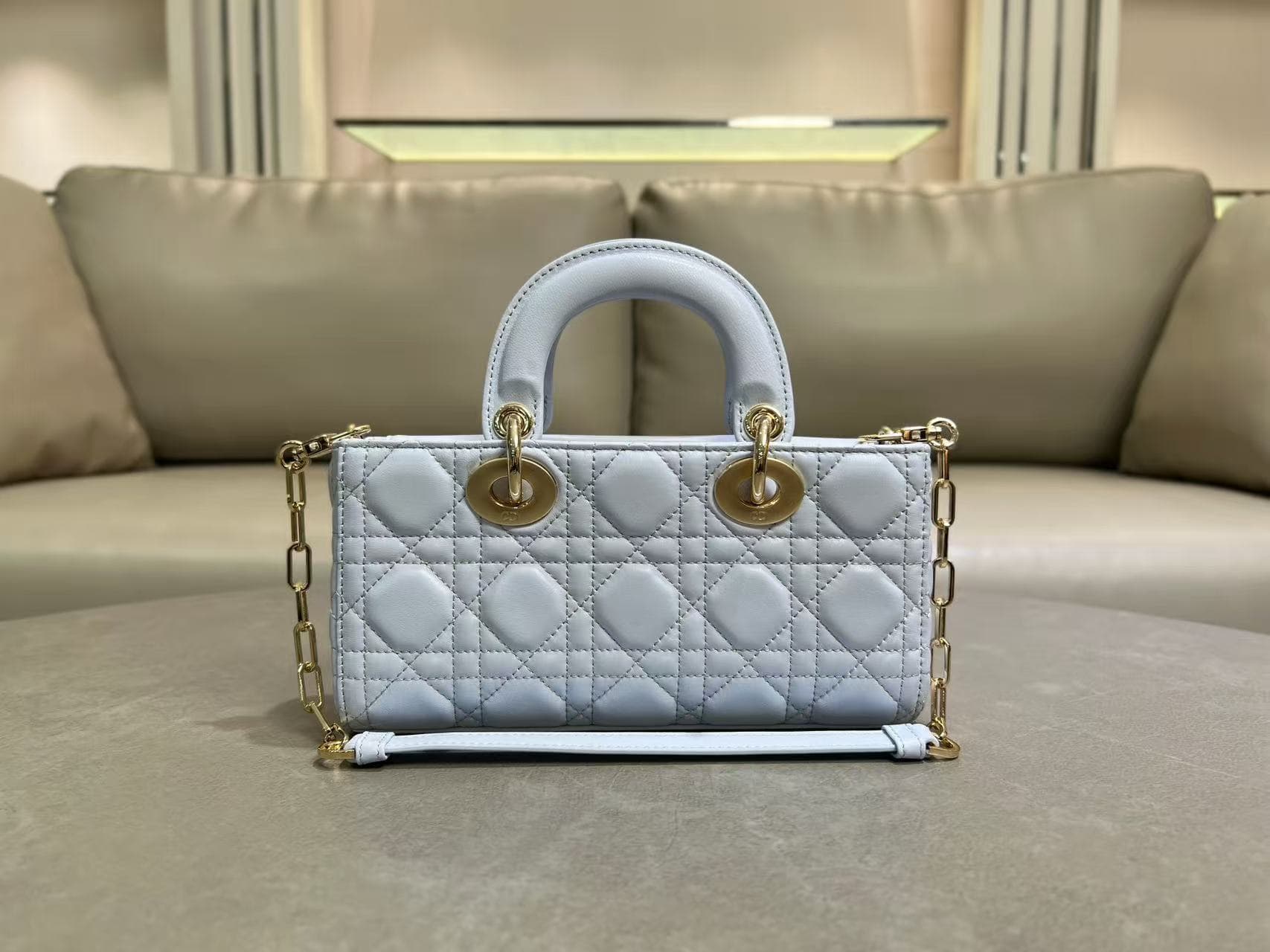 LADY D-JOY BAG SMALL Cannage Lambskin Ice Blue High