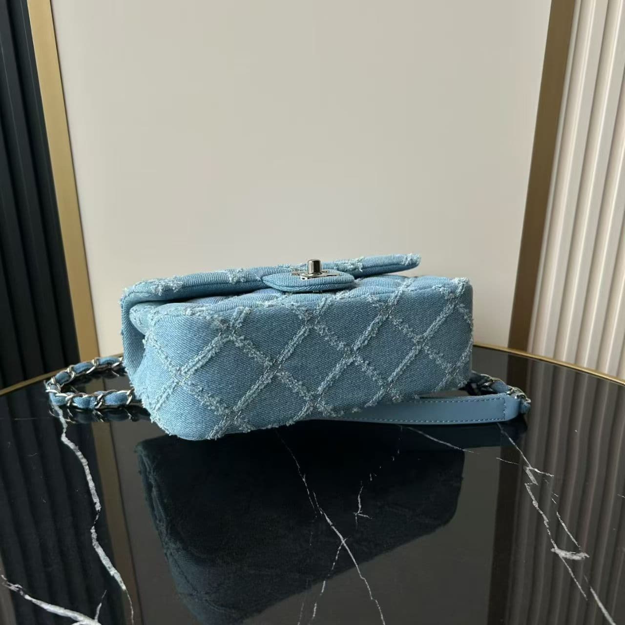 Chanel Mini Flap Bag Distressed Quilted Denim & Silver-Tone Metal Blue A