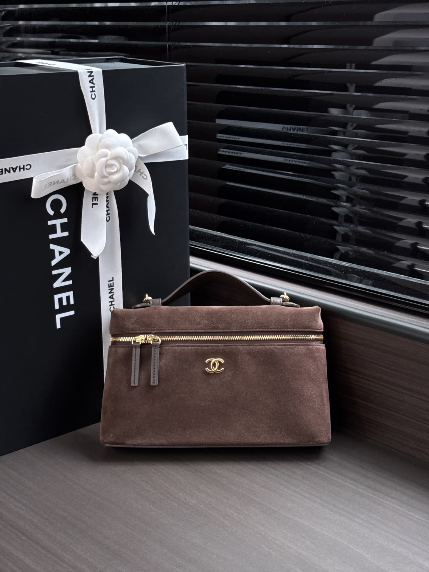 Chanel Large Vanity with Chain Suede Calfskin & Gold Metal Dark Brown AP5347 A