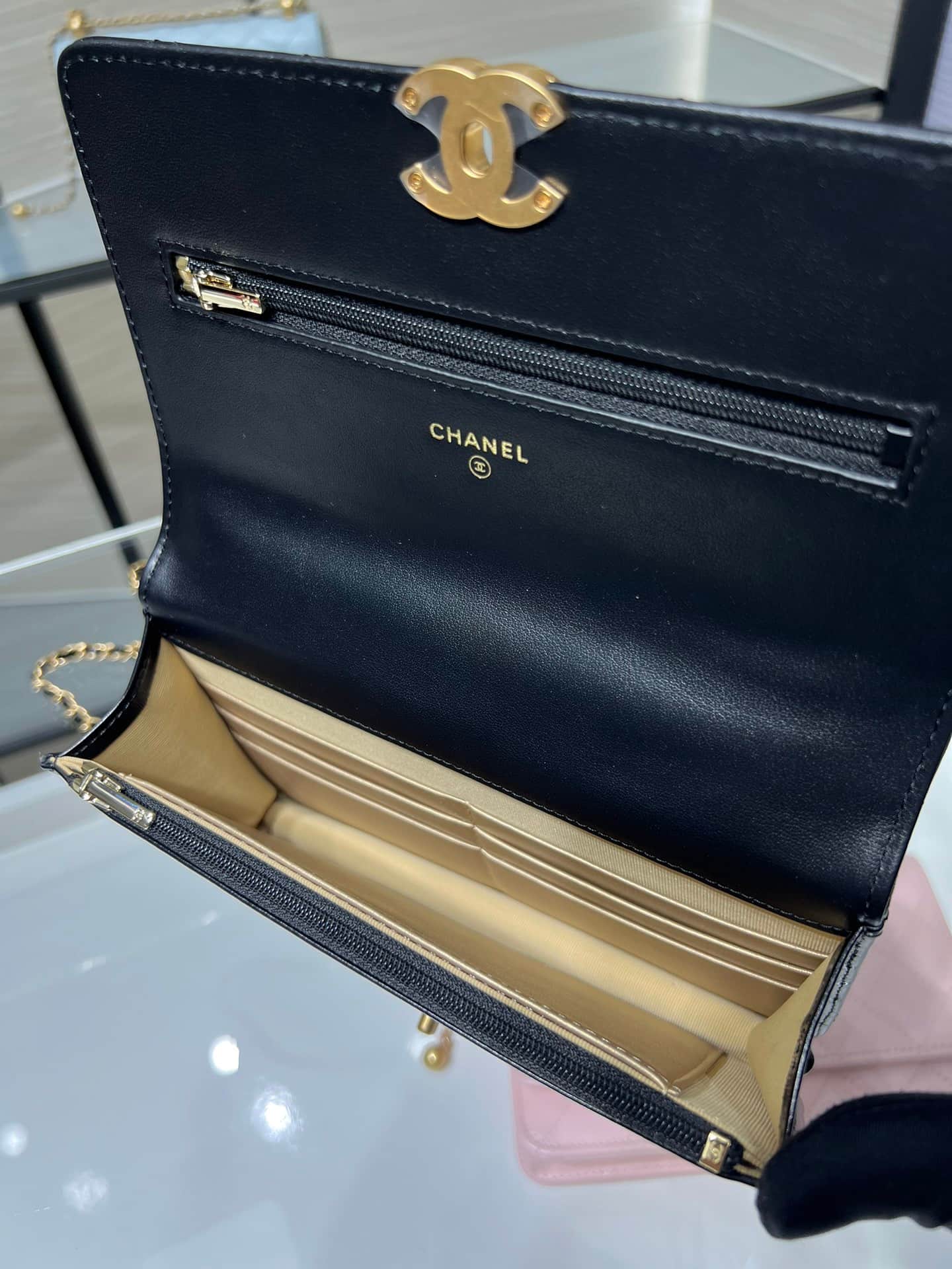 Chanel Wallet on Chain Shiny Calfskin & Gold-Tone Metal Black AP2289 High
