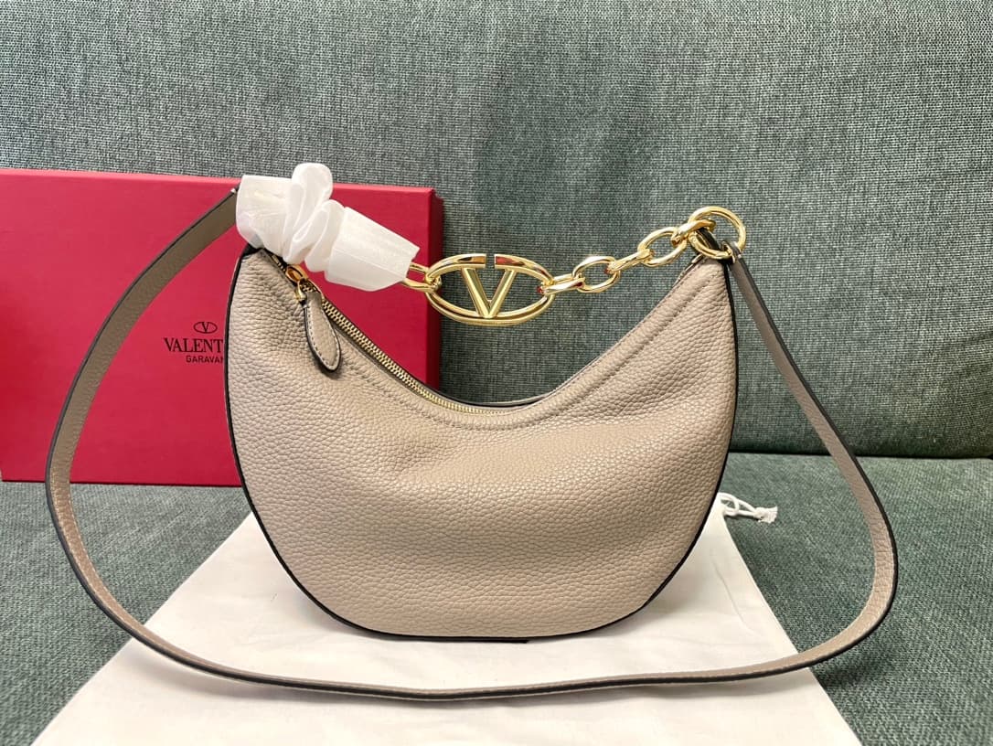 Valentino Garavani VLogo Moon small hobo bag in grey grained calfskin High