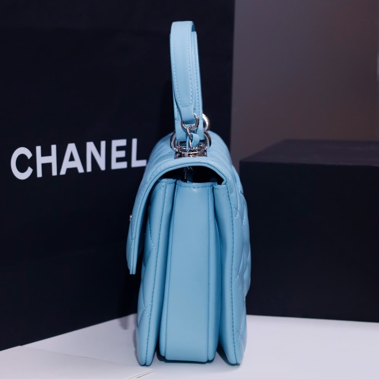 SMALL FLAP BAG WITH TOP HANDLE Lambskin Silver Metal Sky Blue A