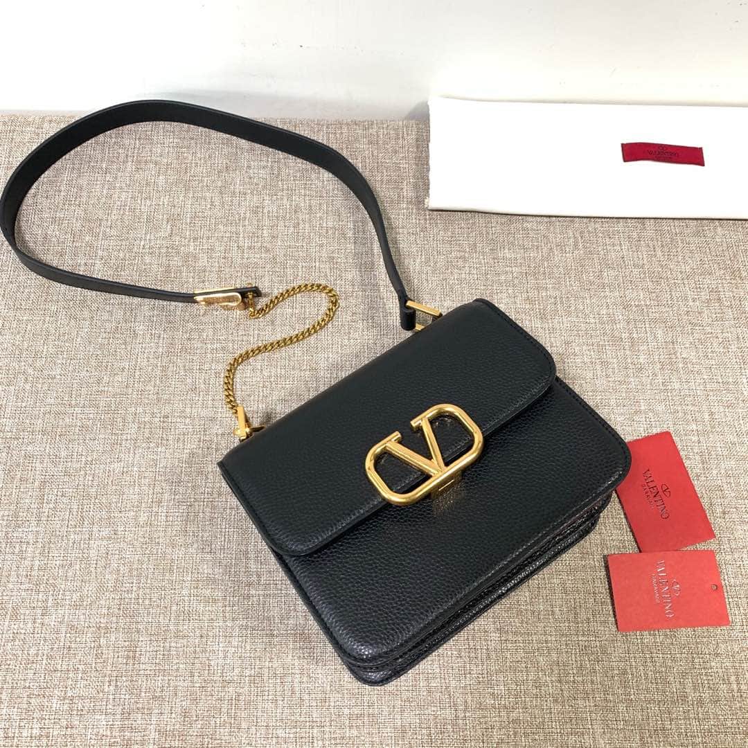 Valentino Vsling Large Shoulder Bag In Black Grainy Calfskin High