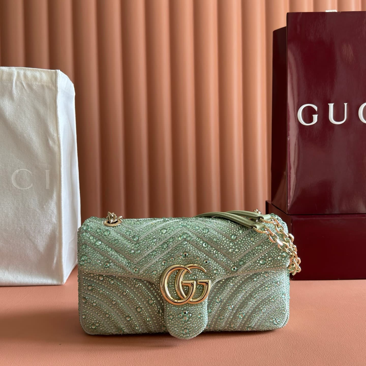 Gucci GG Marmont Shoulder Bag Green / Crystal 837267 High