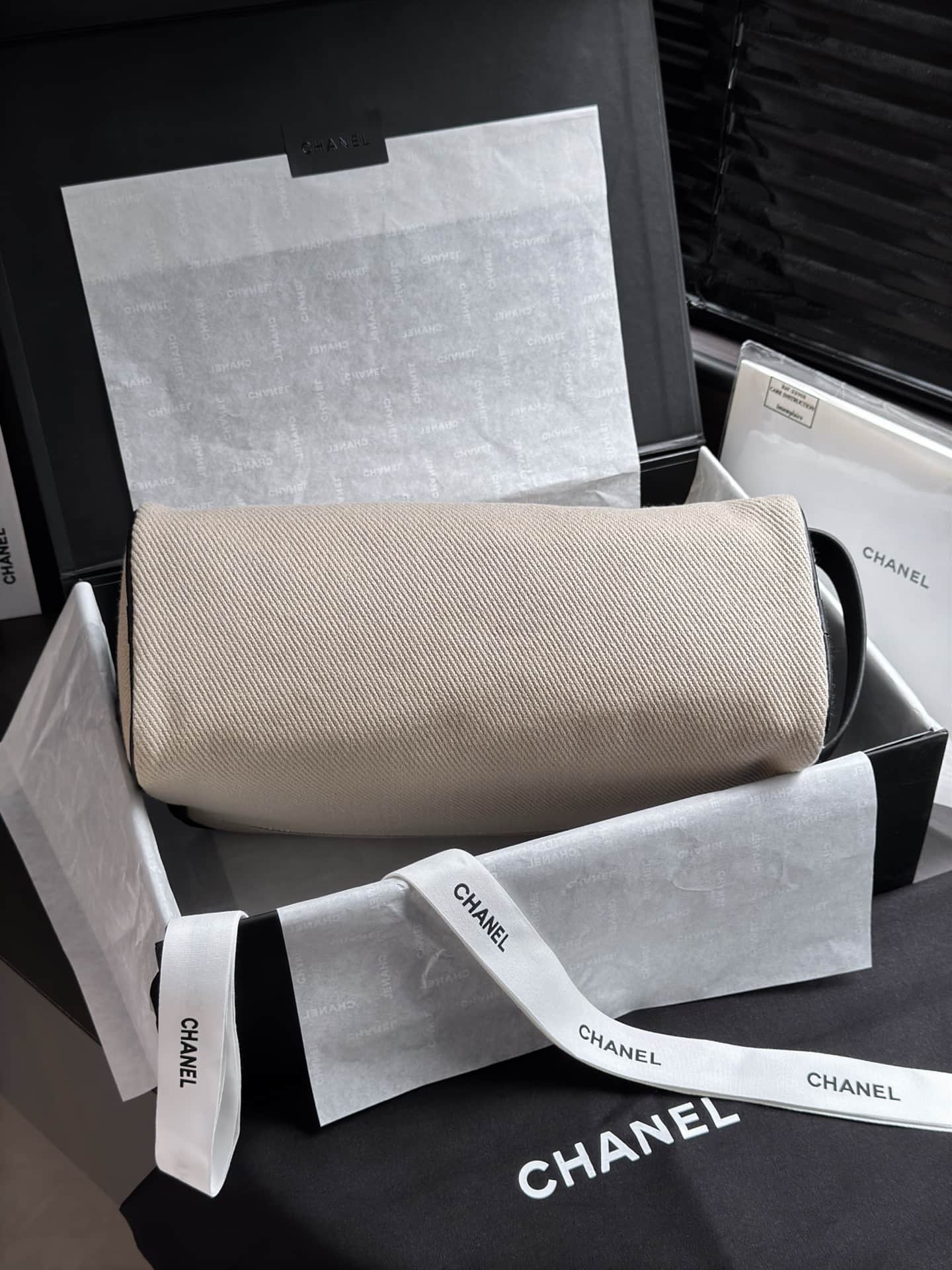 Chanel Large Zipped Pouch Canvas Calfskin & Silver-Tone Metal AP5267 Beige A