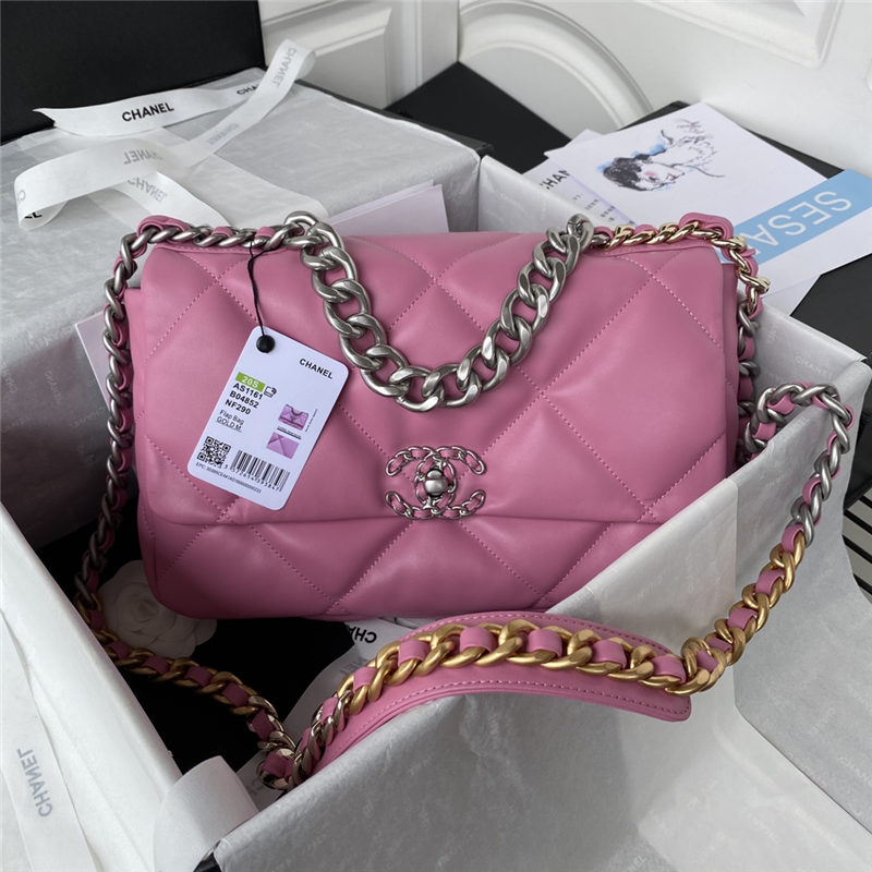 Large Chanel 19 Flap Bag Lambskin Dark Pink Silver High