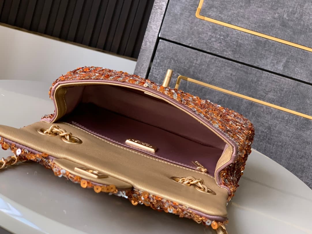 Chanel Classic Mini Flap Bag Sequins Embroidery & Gold-Tone Metal Gold 6171 A
