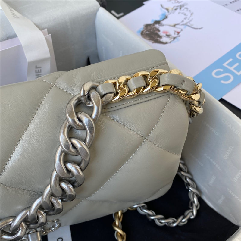 Large Chanel 19 Flap Bag Lambskin Grey Silver High
