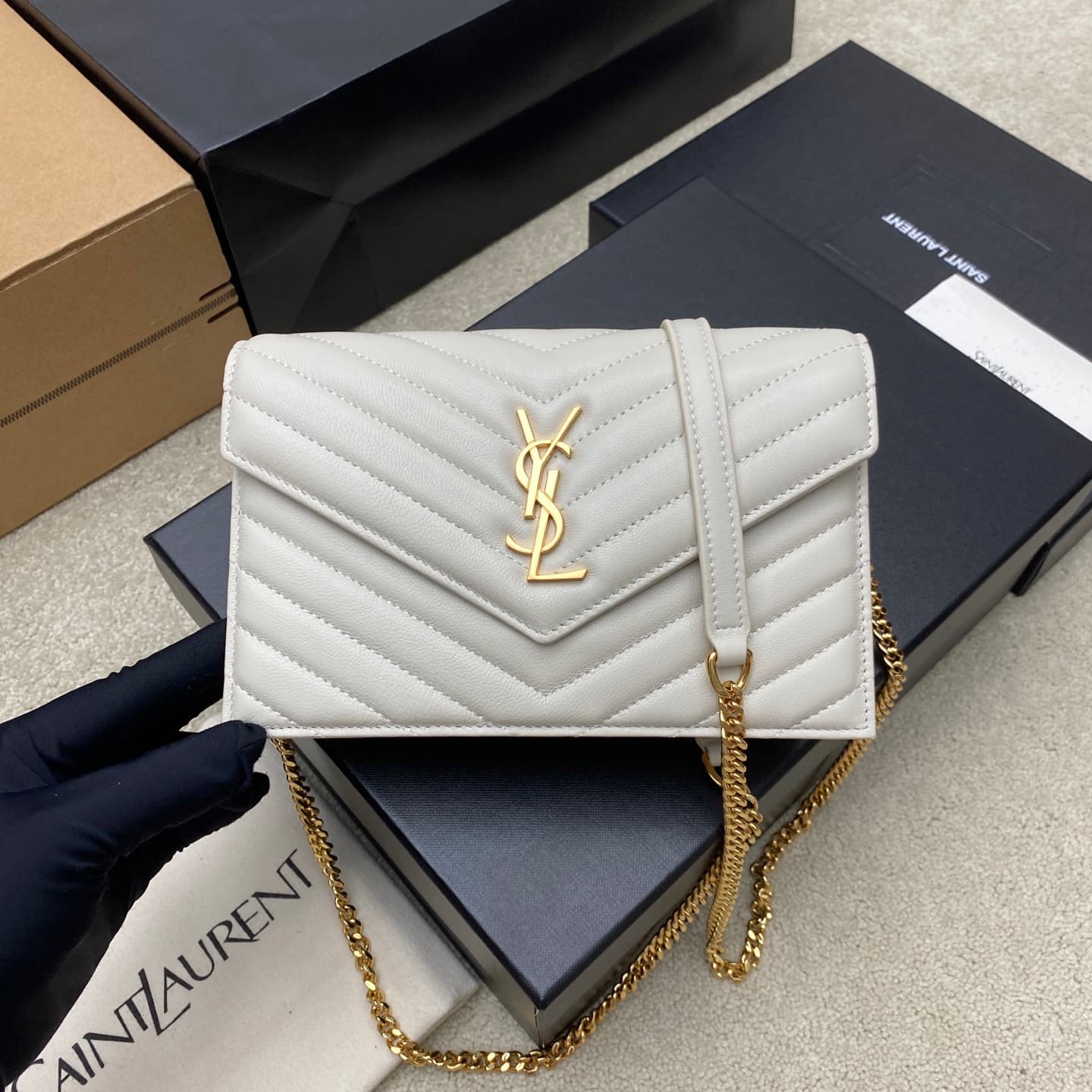 Saint Laurent Monogram Matelassé Cassandre Wallet on Chain White Lambskin 393953 High
