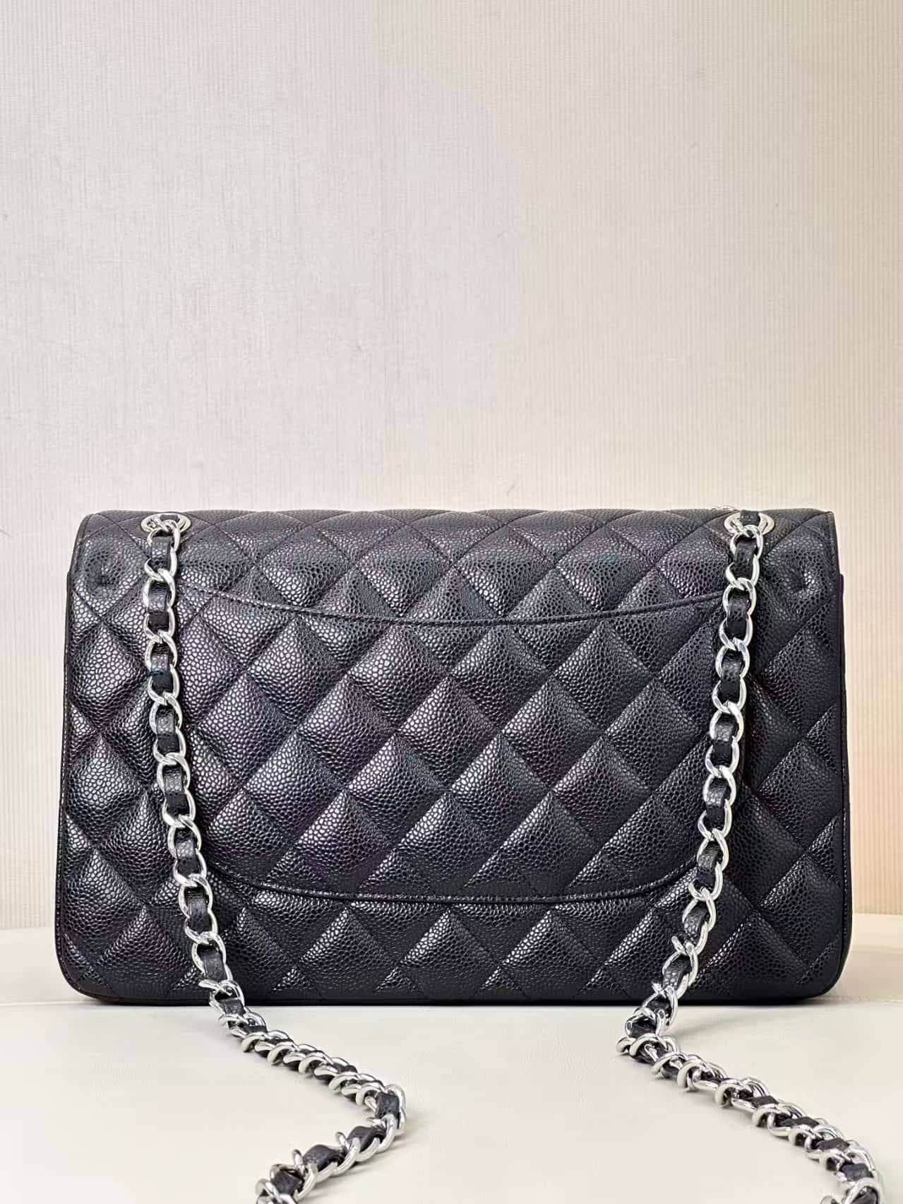 Chanel Large CLASSIC HANDBAG Grained Calfskin Black Silver Metal TOP