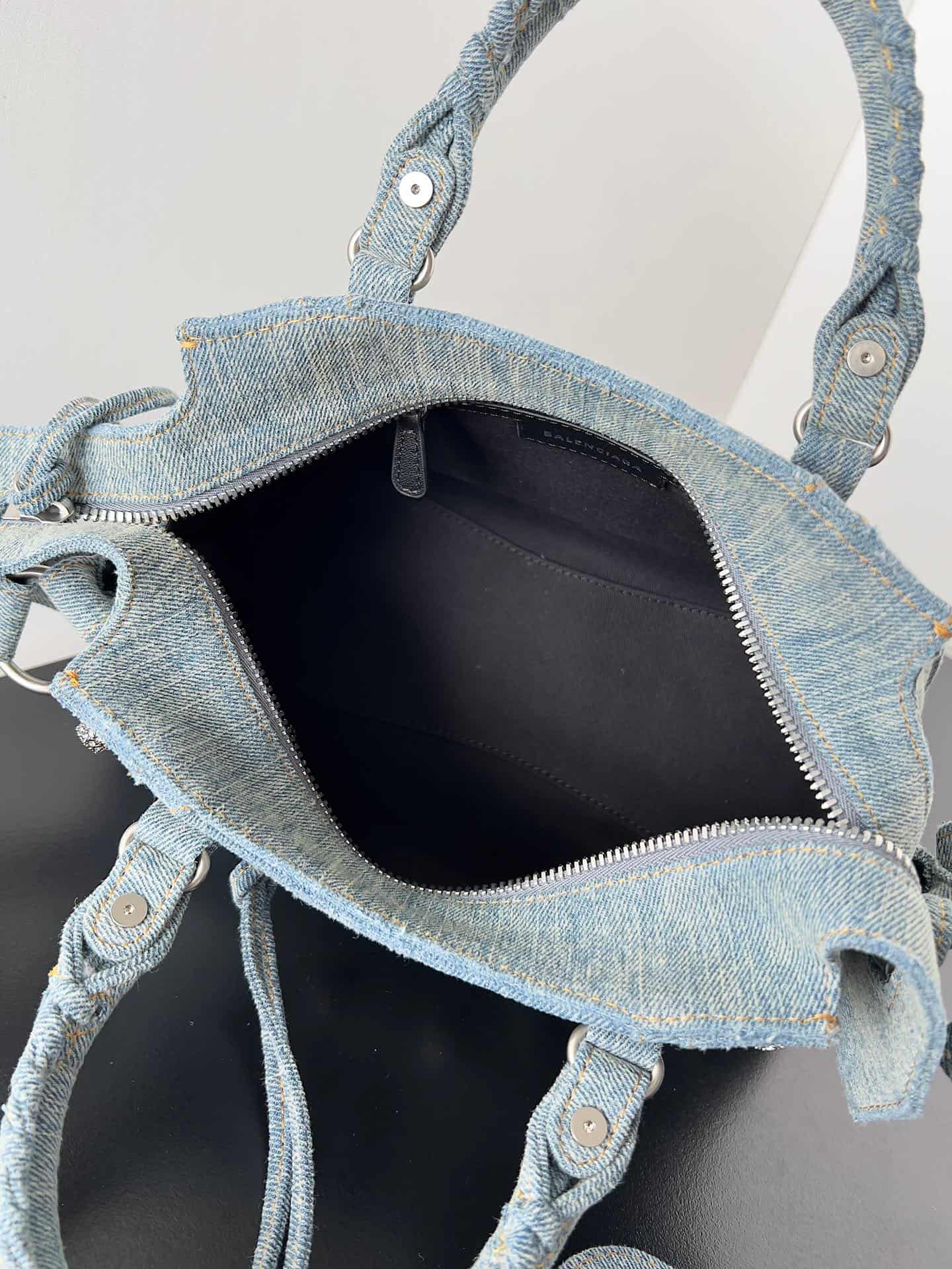Balenciaga Small Neo Cagole City bag in Washed Frayed Denim with crystal High