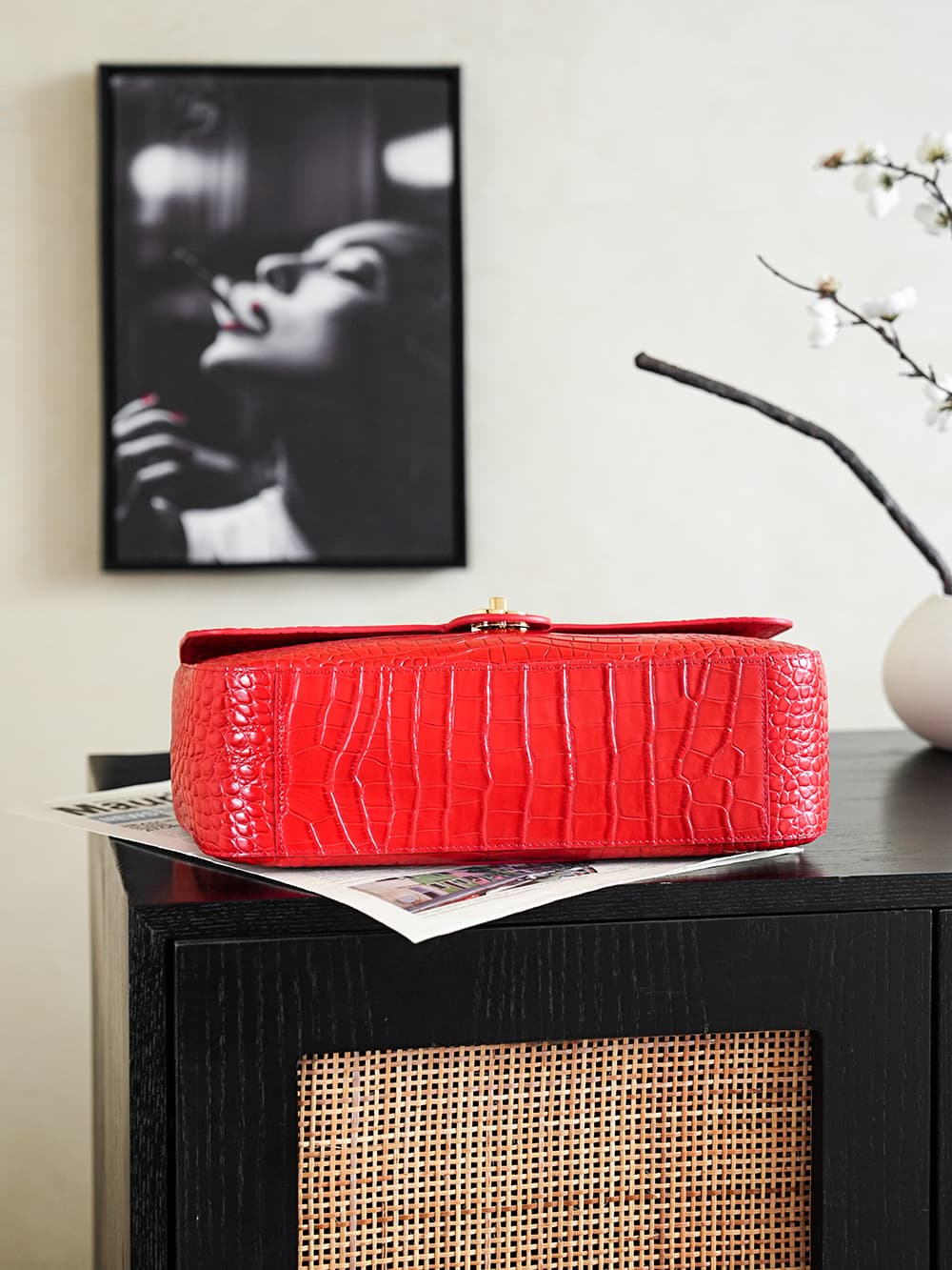 Chanel Maxi Flapbag Crocodile Embossed Calfskin& Gold-Tone Metal Red AS6231 A