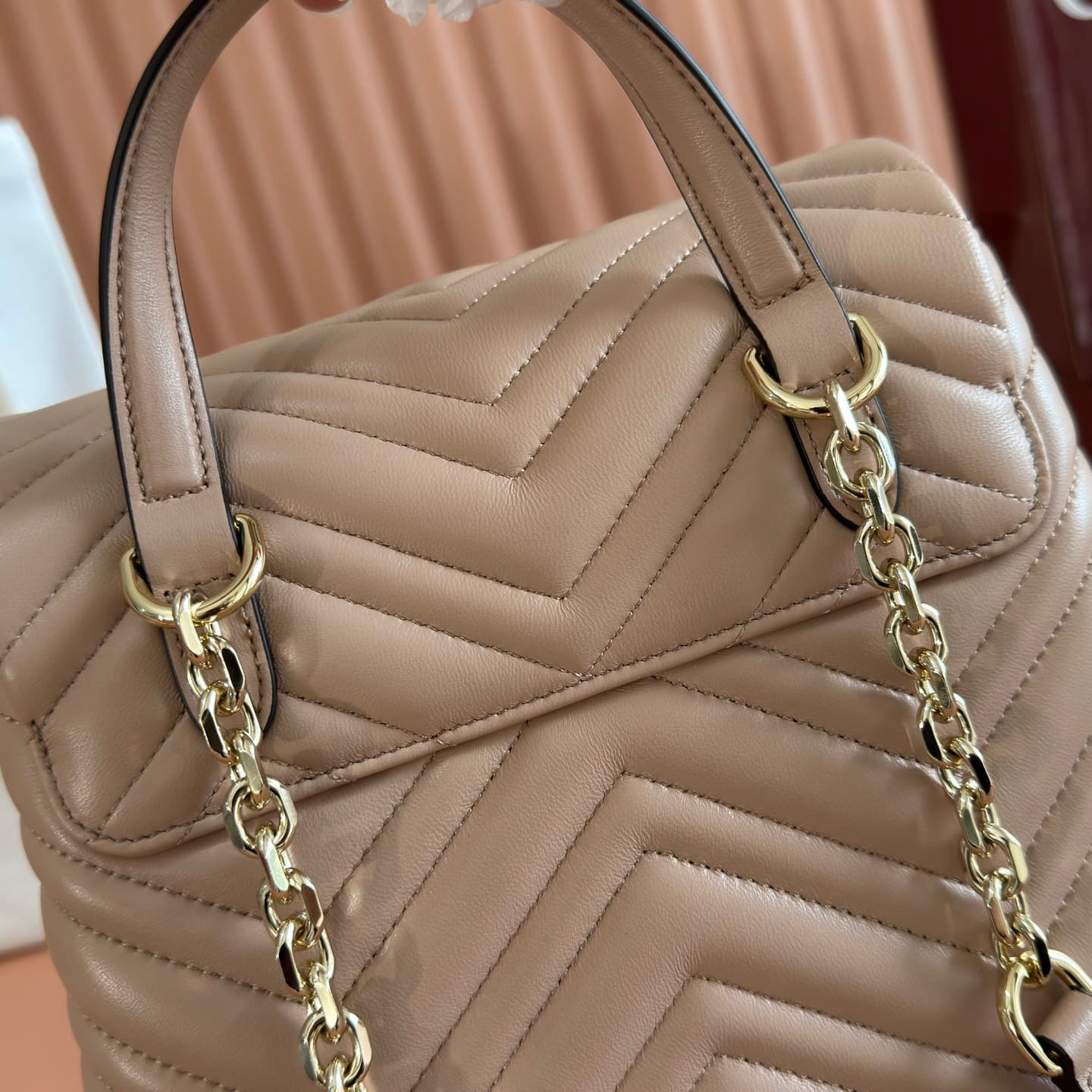 Gucci GG Marmont Small Backpack Beige Matelassé Chevron Nappa Leather 861878  High