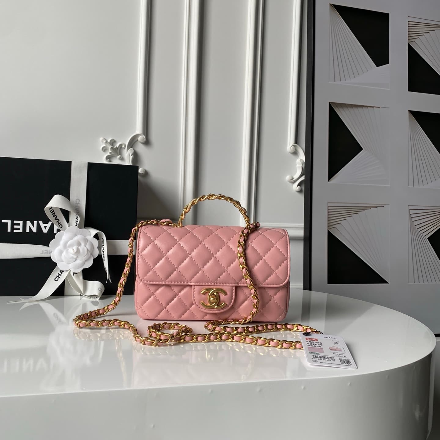 Chanel Mini Flap Bag with Top Handle Lambskin& Gold-tone Metal Light Pink AS5814 A