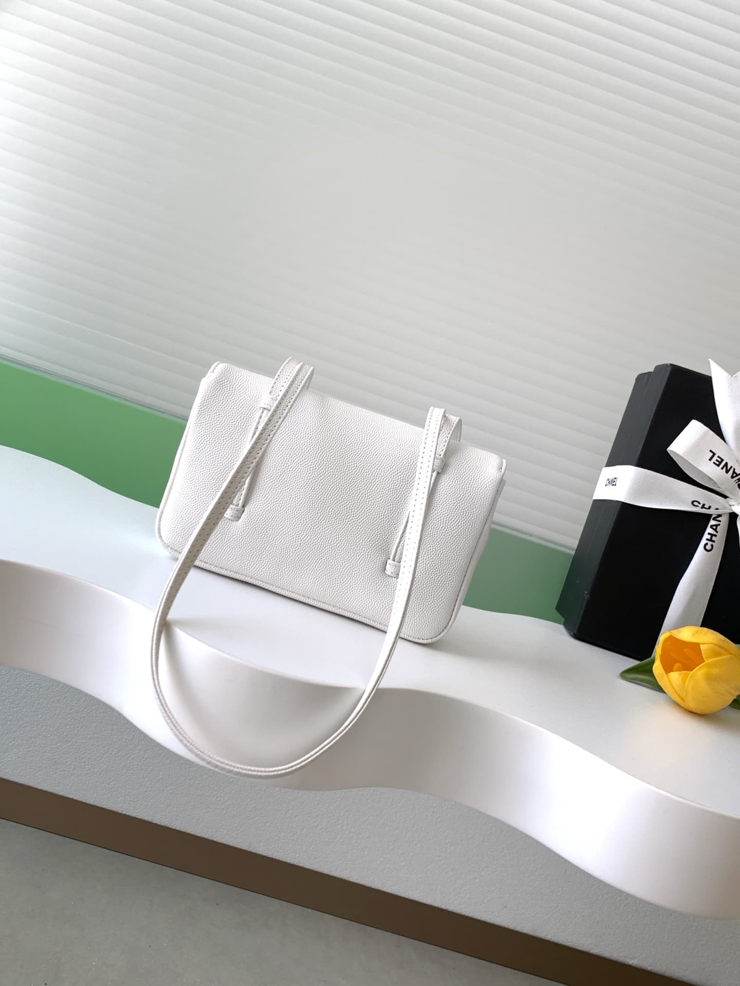 Chanel Clutch with Leather Strap Grained Shiny Calfskin & Gold-Tone Metal White AP5068 A