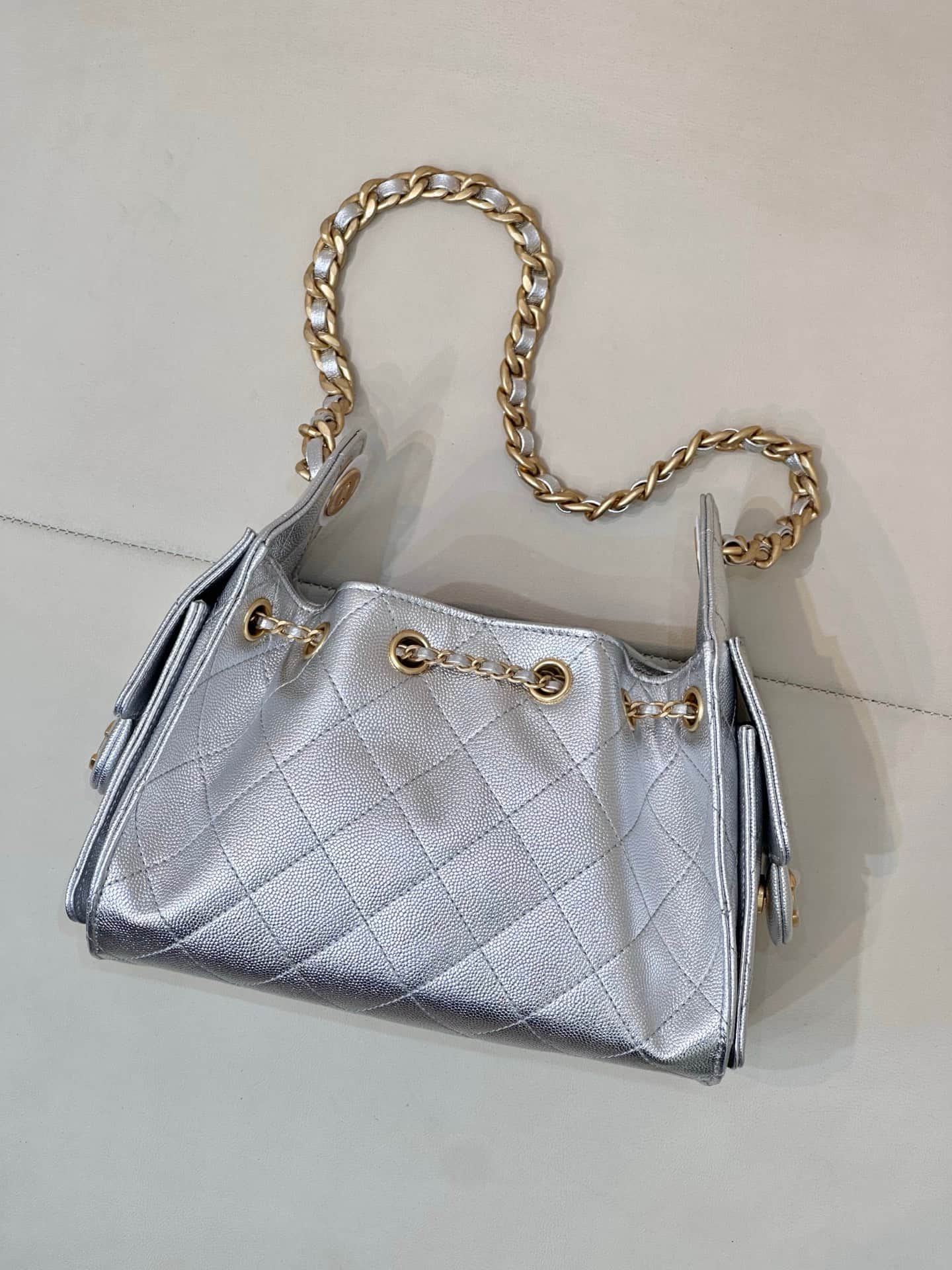 CHANEL 25 Mini Handbag AS5631 Grained Calfskin & Gold-tone Metal Silver TOP
