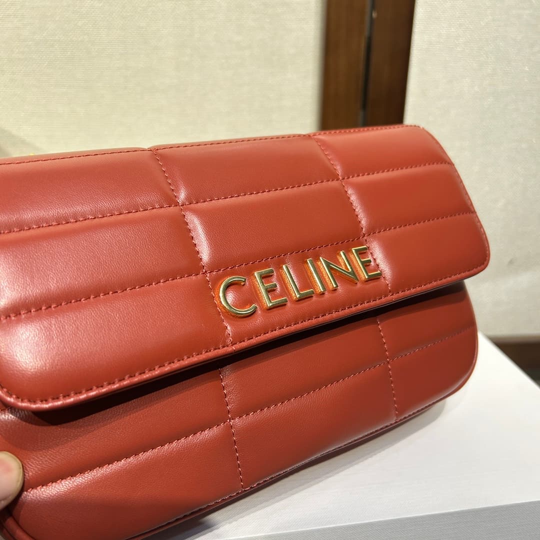 Celine Matelasse Monochrome Chain Shoulder Bag Red High