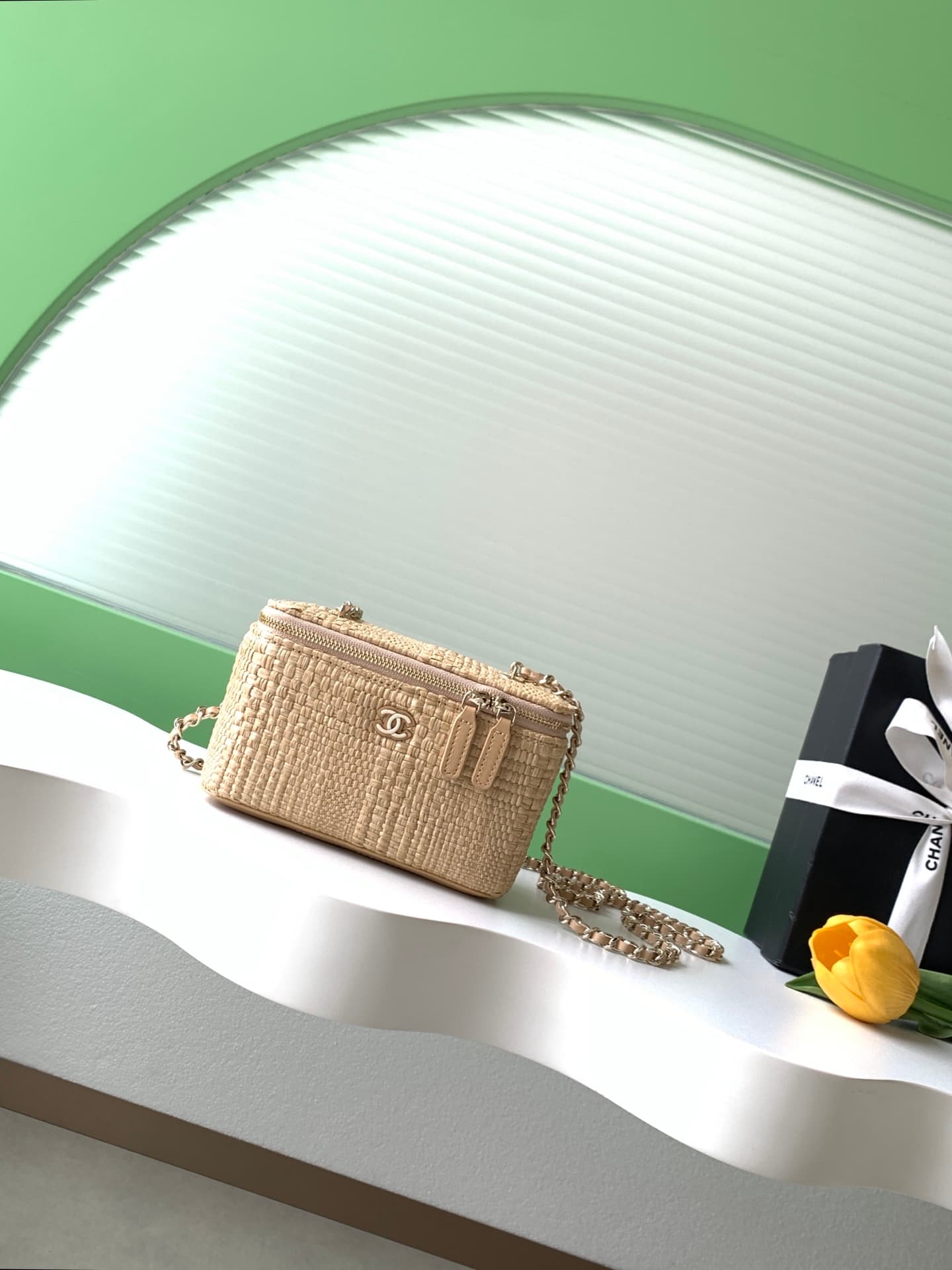 Chanel Classic Long Vanity with Chain Braided Raffia & Gold-Tone Metal Beige AP1341 High