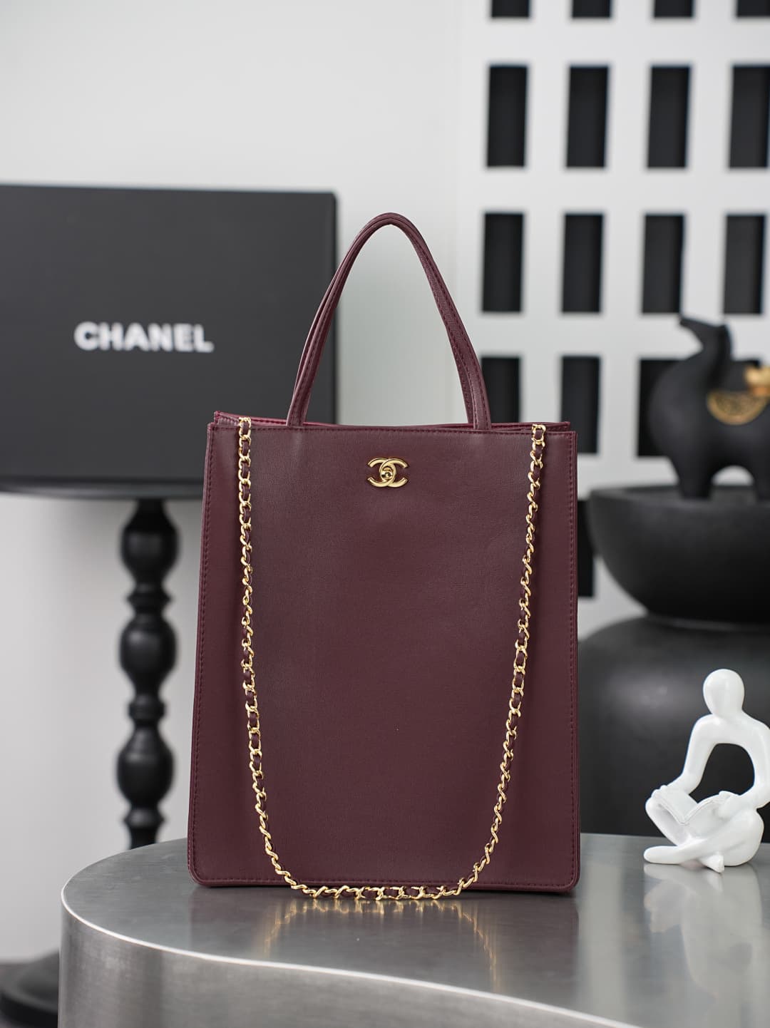 Chanel Small Shopping Bag Calfskin & Gold-Tone Metal Burgundy AS6452 A