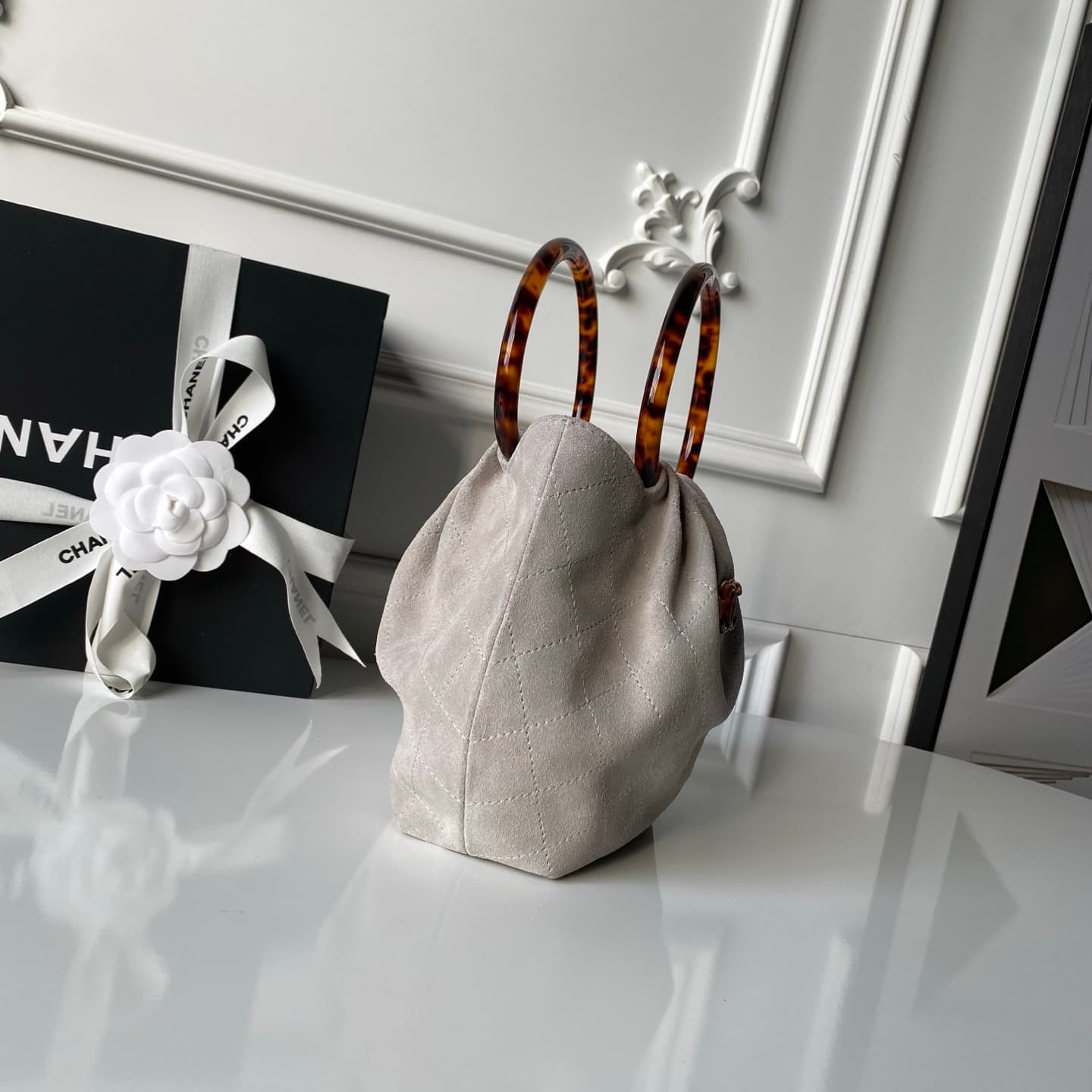 Chanel Small Hobo Bag Suede Calfskin Turtoise-Shell Effect Plexi & Gold-Tone Metal Grey AS6022 High