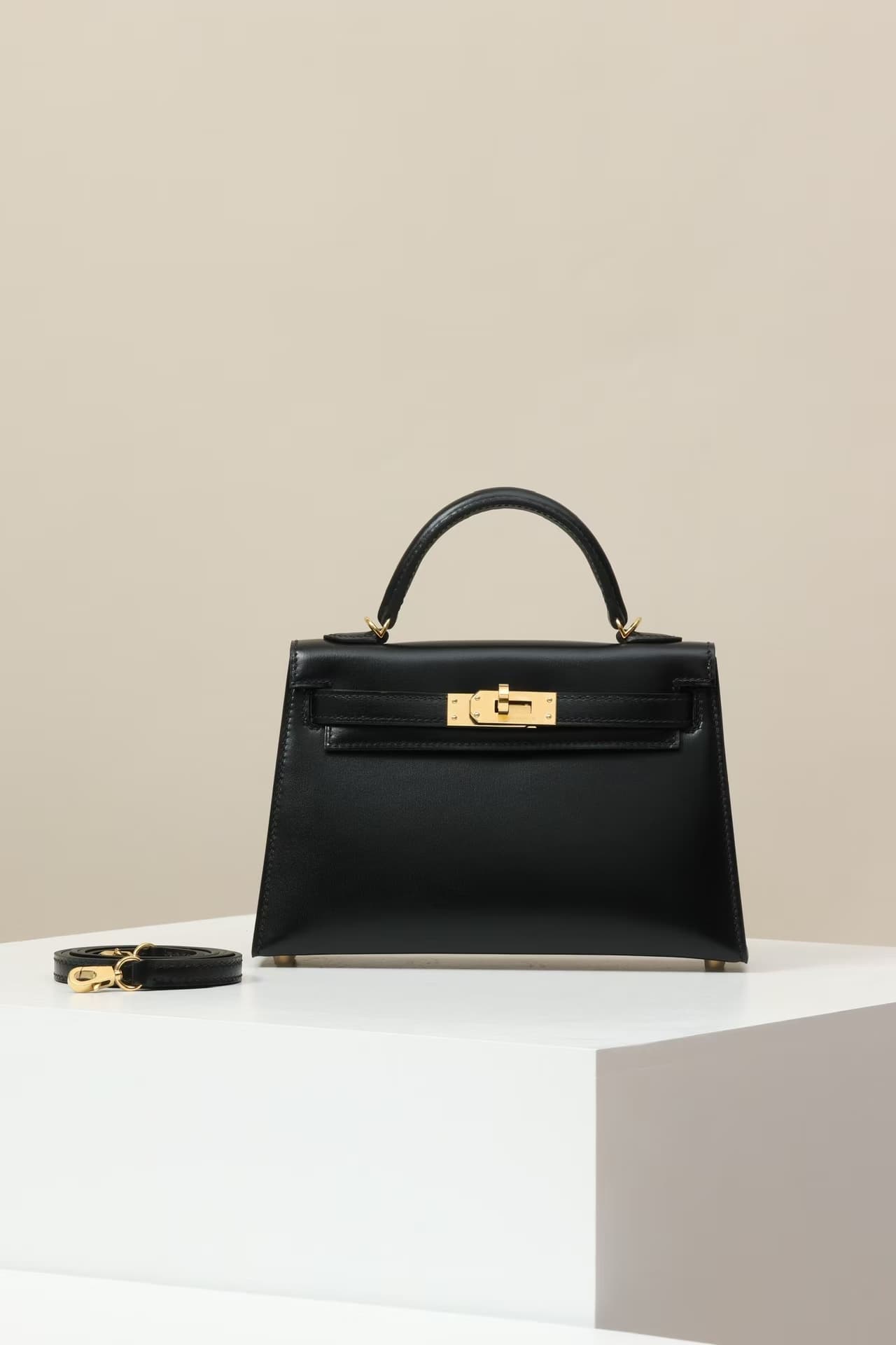Hermes Kelly Mini II Bag Box Leather WAX Silver/Gold Metal Black High