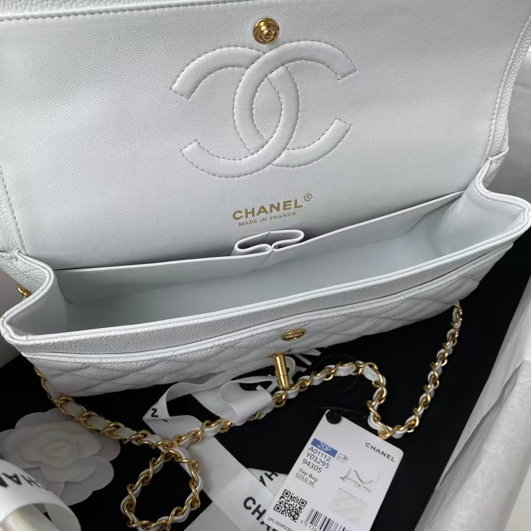 Chanel Medium CLASSIC HANDBAG Grained Calfskin White Gold Metal A