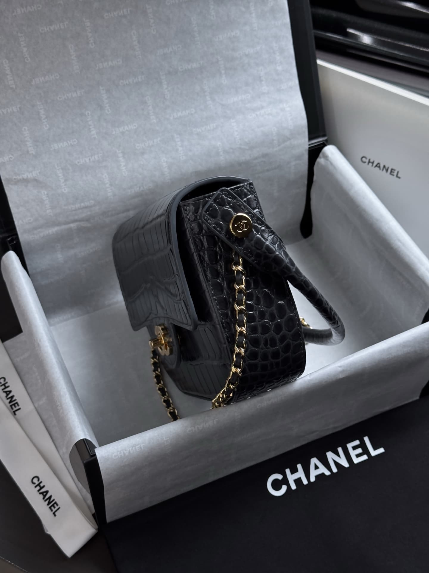Chanel Mini Flap Bag with Top Handle Crocodile Embossed Calfskin & Gold-Tone Metal AS6424 A