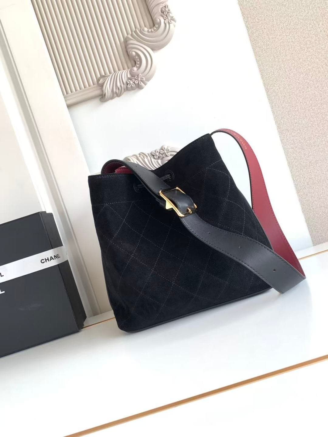 Chanel Small Bucket Bag Suede Calfskin & Gold-Tone Metal Black AS6584 A
