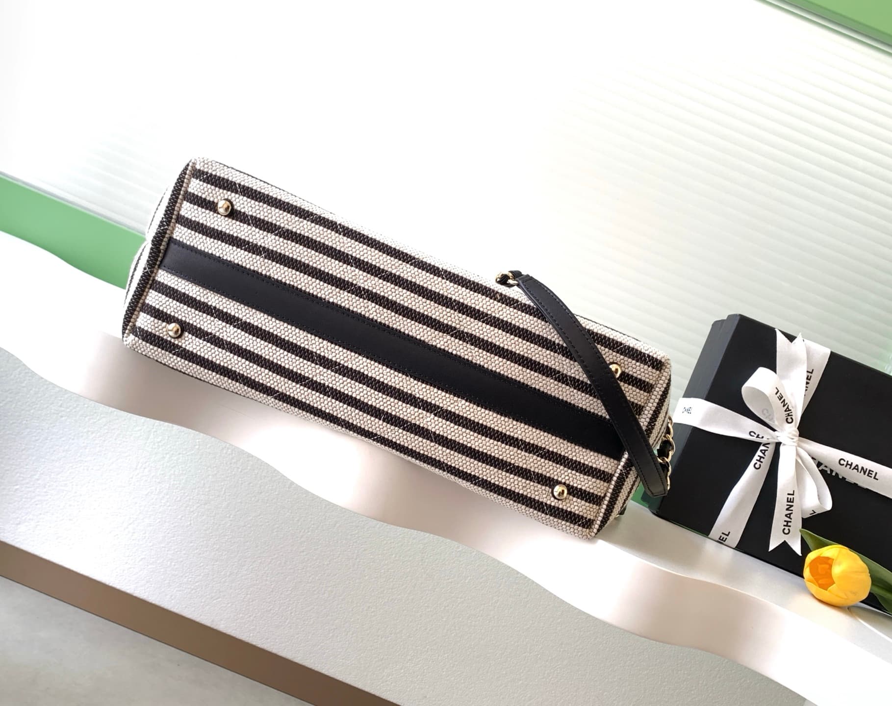 Chanel Deauville tote bag Striped canvas & Gold-Tone Metal Black AS6007 A