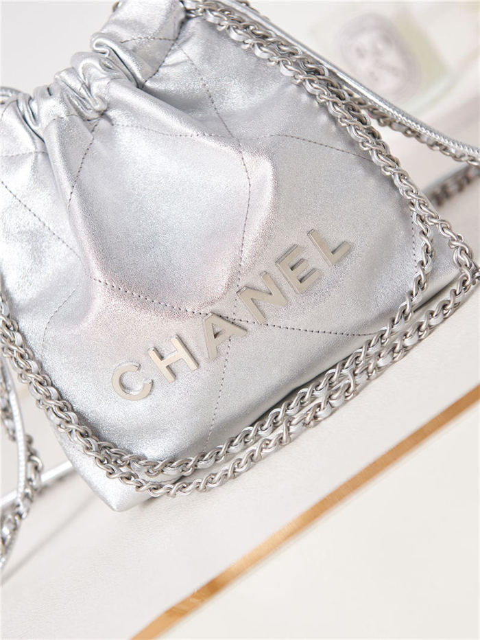 Chanel 22 MINI HANDBAG Shiny Calfskin Silver & Silver-Tone Metal AS3980 A