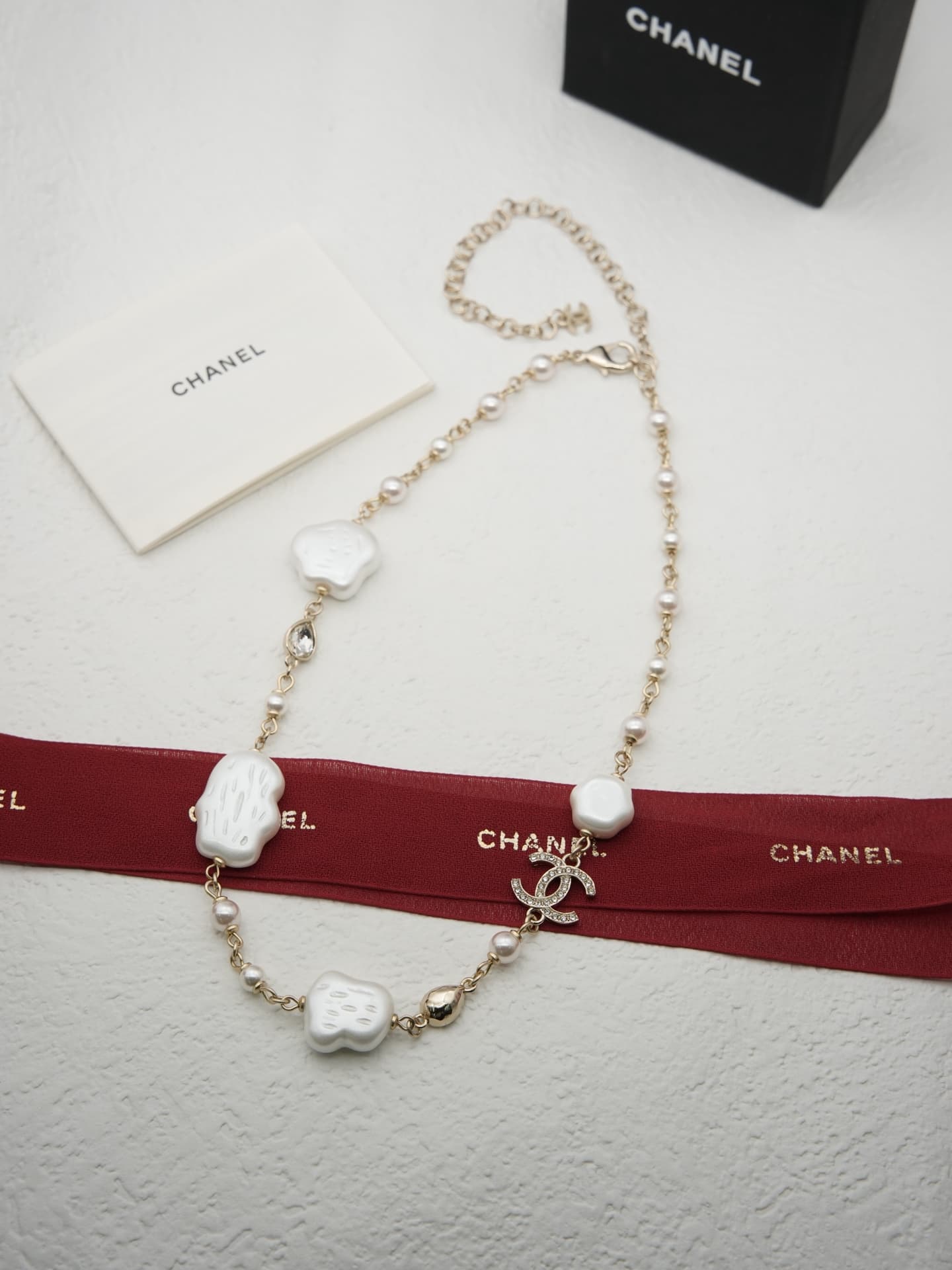 Chanel Pearl Crystal Camellia CC Necklace High