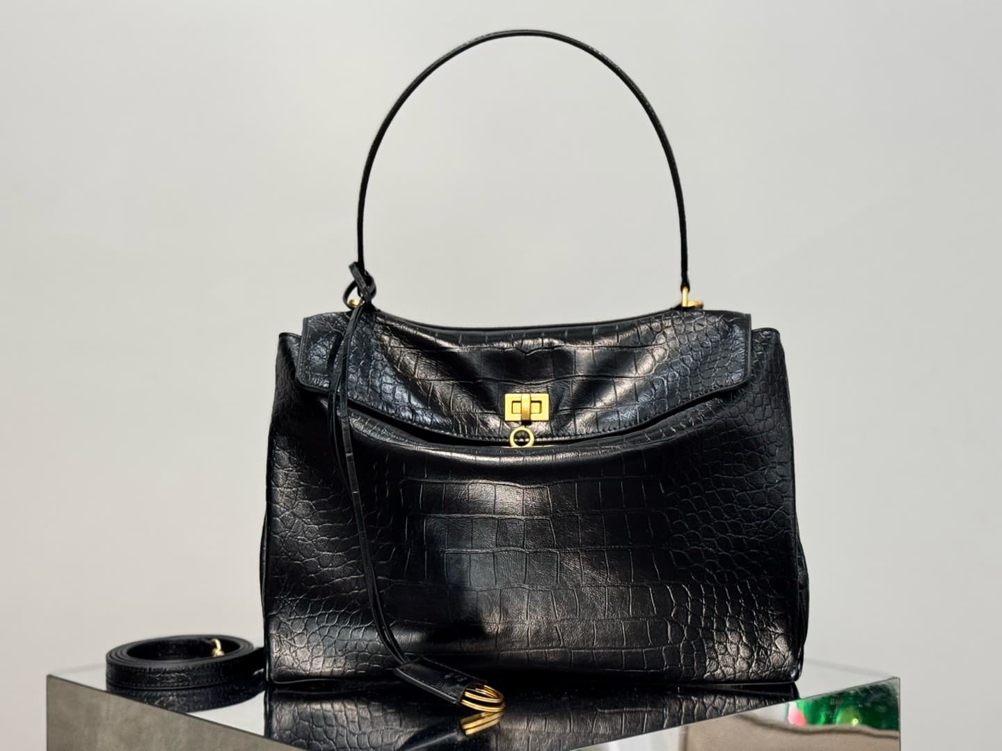 Balenciaga Rodeo Medium Bag in Black Crocodile Embossed Calfskin With Gold-Tone Metal TOP