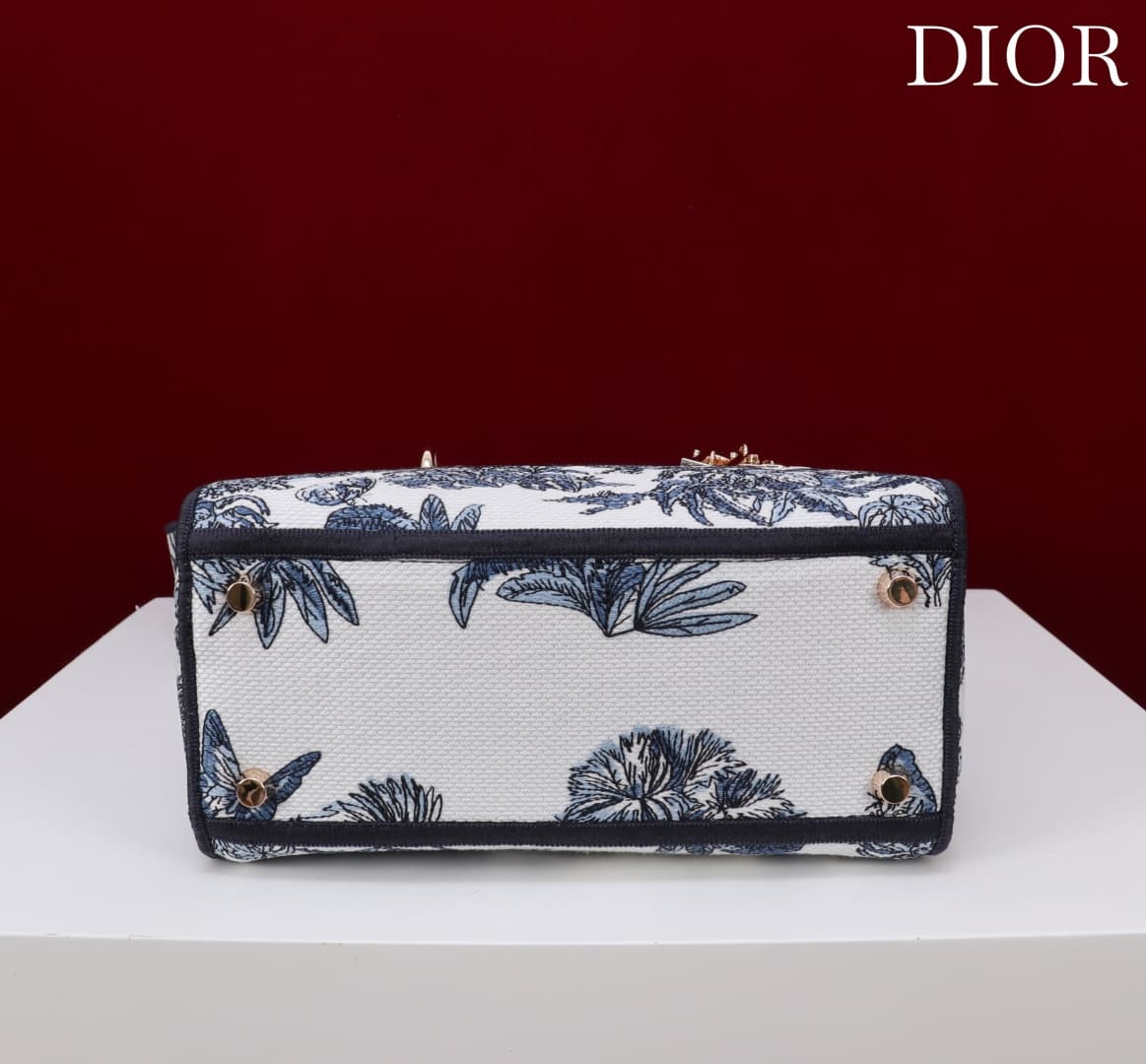 Medium Lady D-Lite Bag White and Navy Toile de Jouy Palms Embroidery High